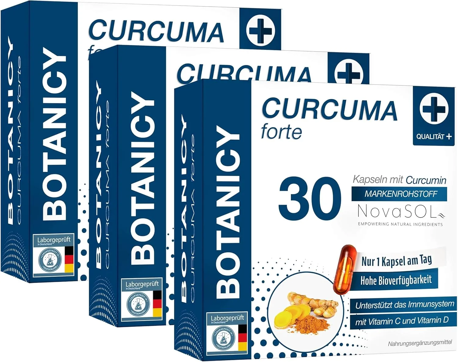 BOTANICY Curcuma forte 3er Pack - Flüssiges NovaSOL Curcumin plus Vitamine C und D - Hohe Bioverfügbarkeit, Hochdosiert, Hormonfrei - 90 Kurkuma Kapseln