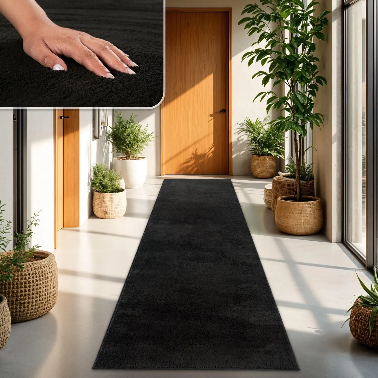 TT Home Teppich Wohnzimmer Schwarz 80x300 cm, Waschbar & Kurzflor