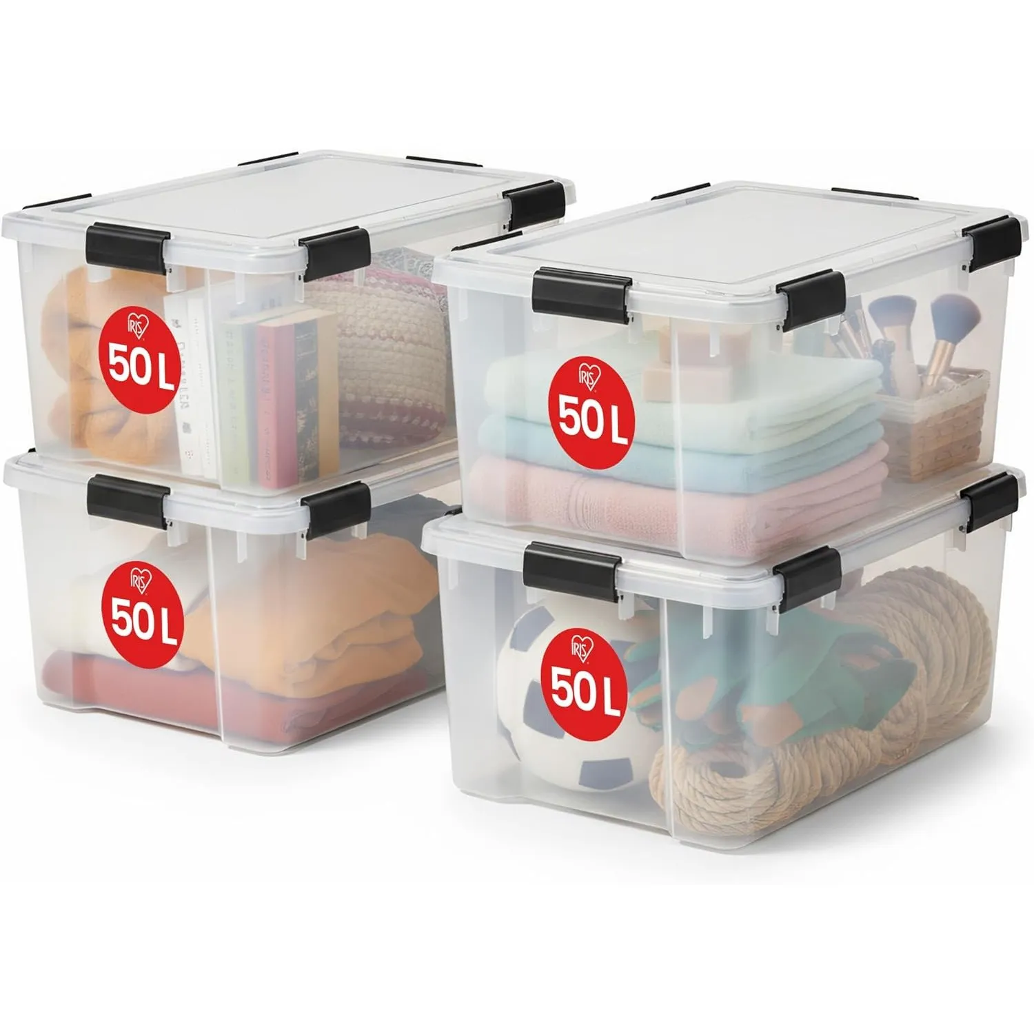 Iris Ohyama Luftdichte Kunststoff-Aufbewahrungsboxen mit Deckel, 50L, 4er-Set, Transparent, Hermetischer wasserdichter …