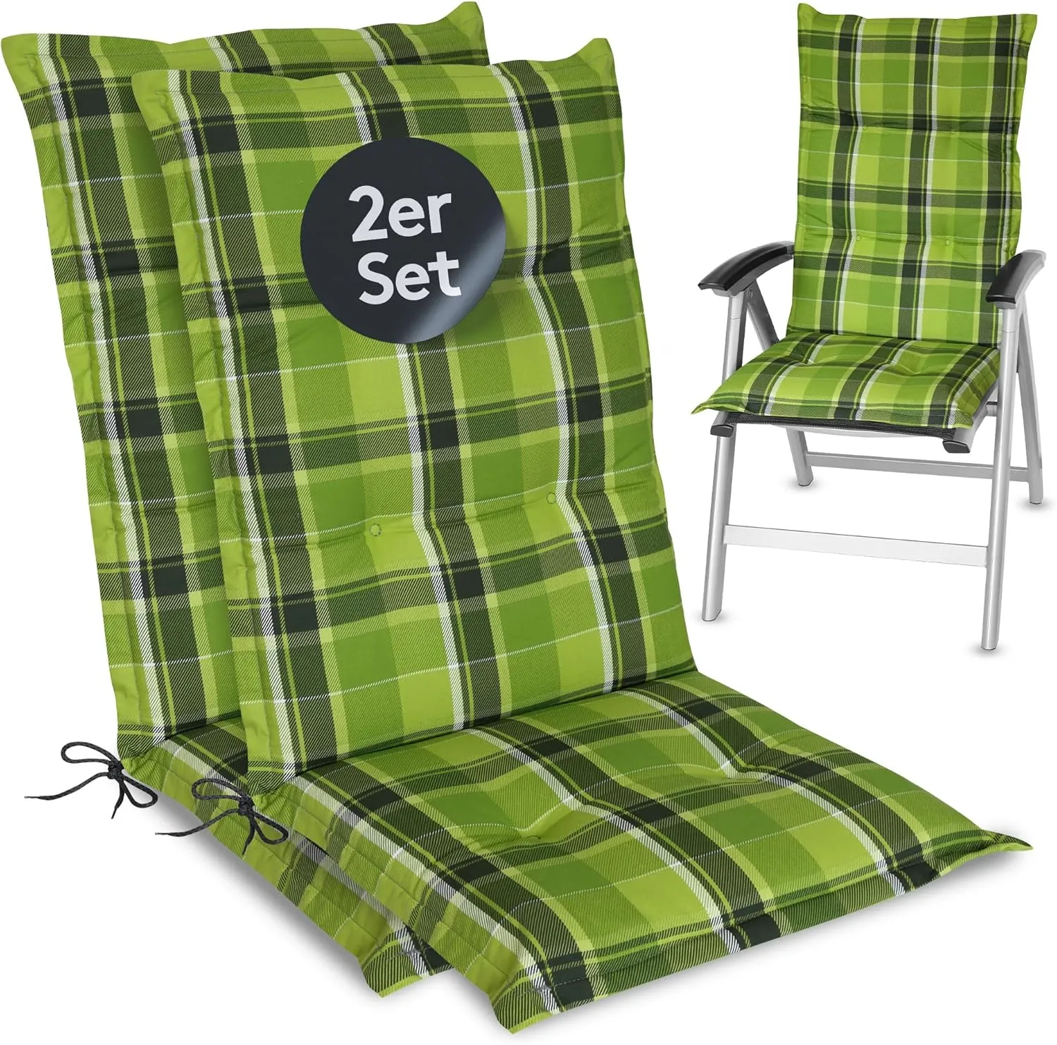 LILENO HOME Gartenstuhl Auflagen als [2er Set - Hochlehner] in Karo Grün - Bequeme Liegen als Sitzauflagen für Gartenmö…