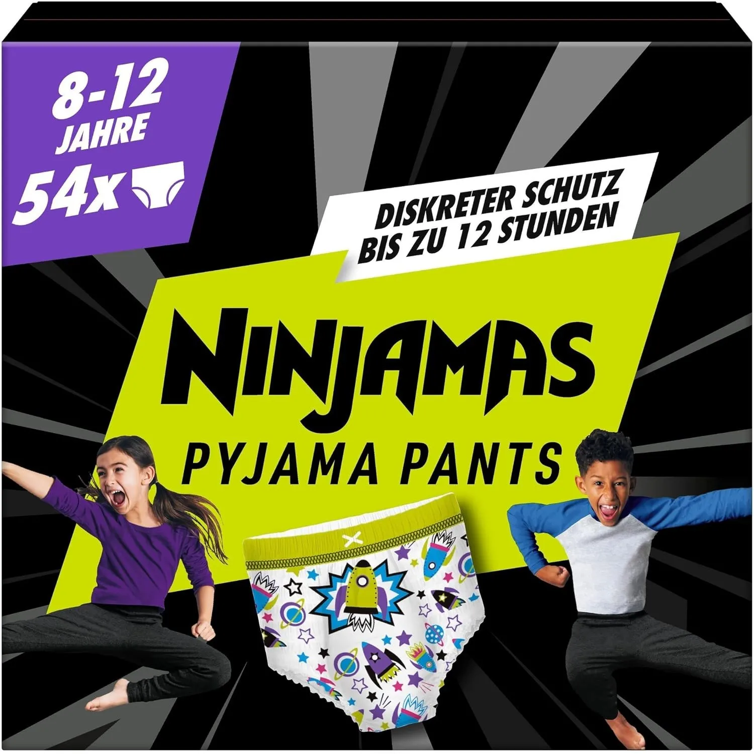 Ninjamas Pyjama Pants Raumschiff, 54 absorbierende Nachthöschen, 8 Jahre, 27kg-43kg, Auslaufschutz für die ganze Nacht