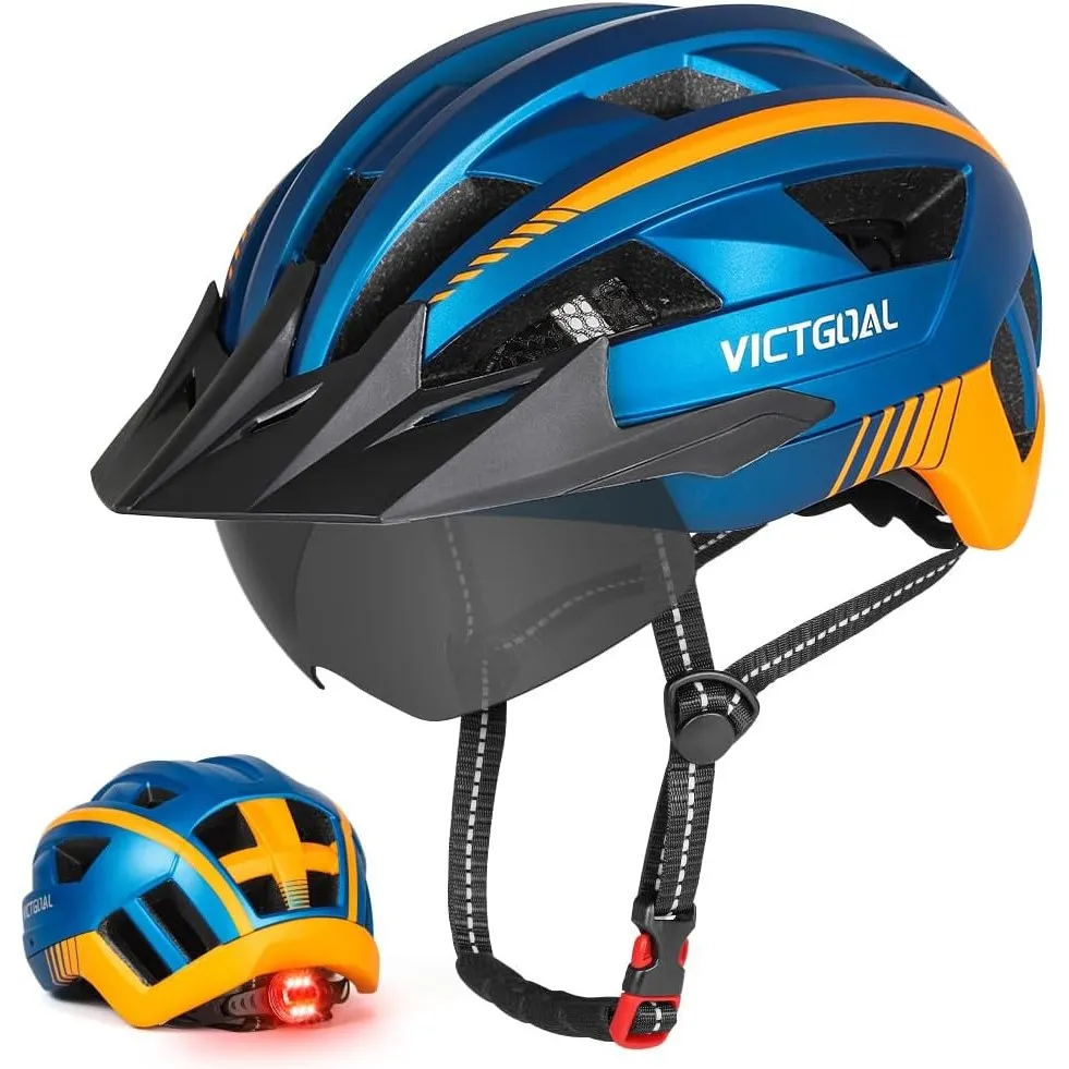 VICTGOAL Fahrradhelm mit Visier für Herren Damen, LED Rücklicht und Brille
