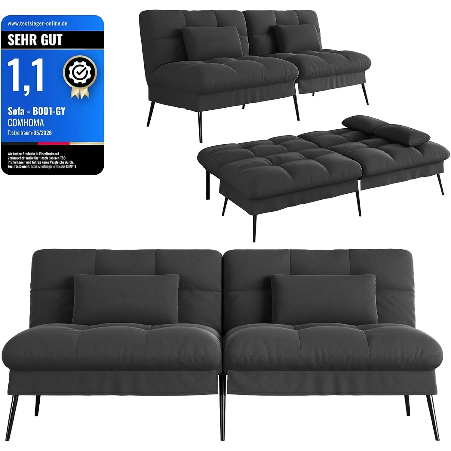 COMHOMA Sofa Schlafsofa mit Schlaffunktion, überzug Futon Klappsofa, Bettcouch, ecksofa, Couch Gästebett, 3-Sitzer Sofa…