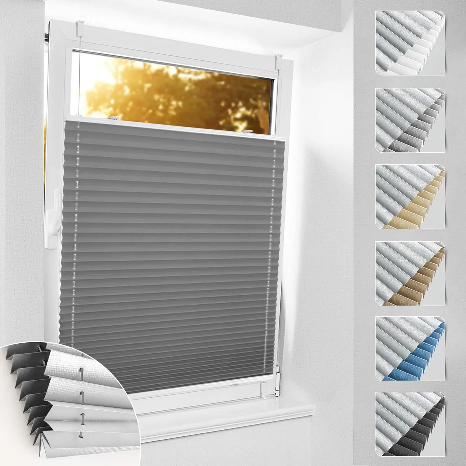 Bobodeco Pleated Blind, No Drill Thermal Blackout Blind, Clamping Brackets, 100% Blackout, Opaque, Aluminium Roller Bli…