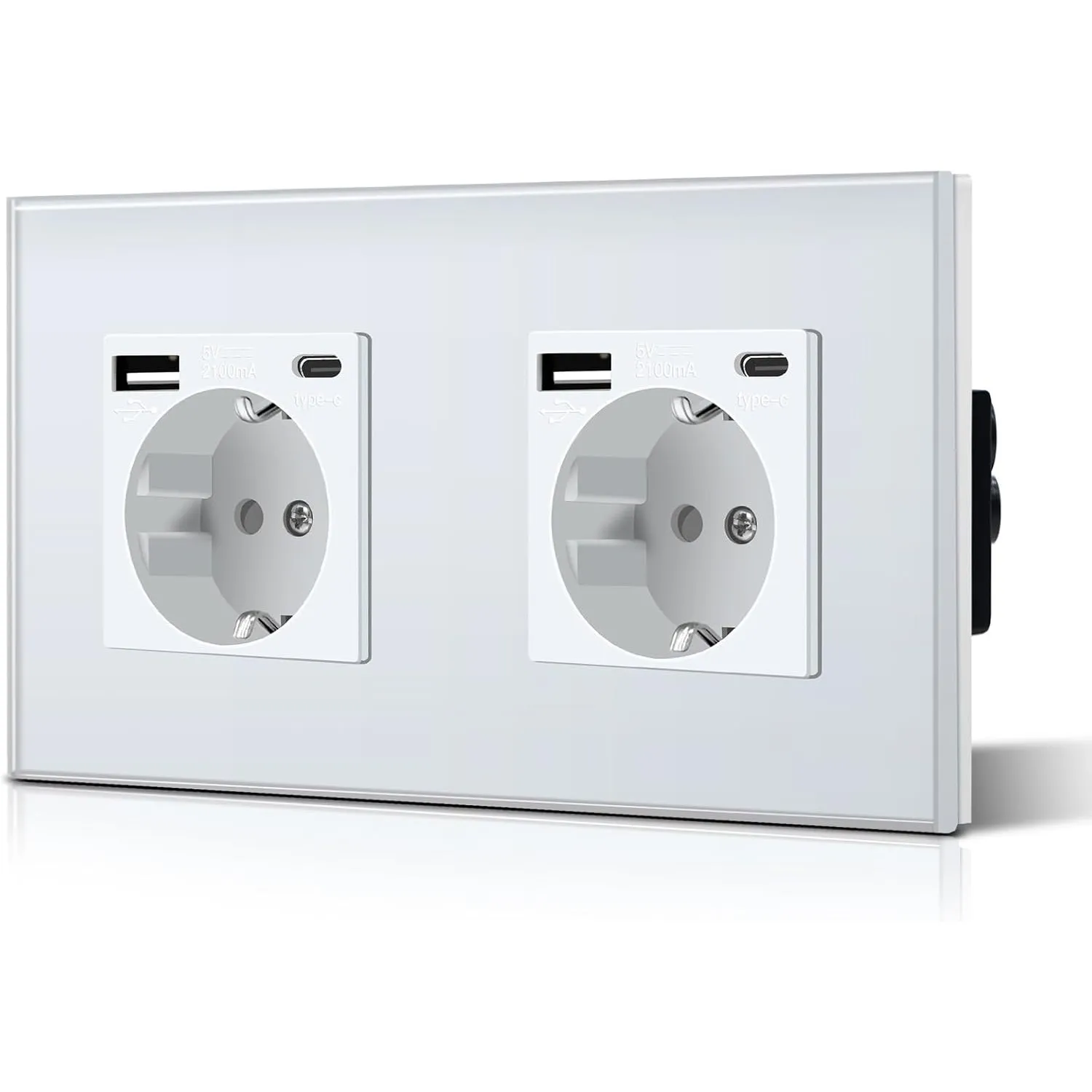 BSEED Doppelt Schuko Wand Steckdose mit USB & Typ C Glas 3 in 1 Unterputz Steckdosen 2 Weg mit 2.1 A USB Ladeleistung u…