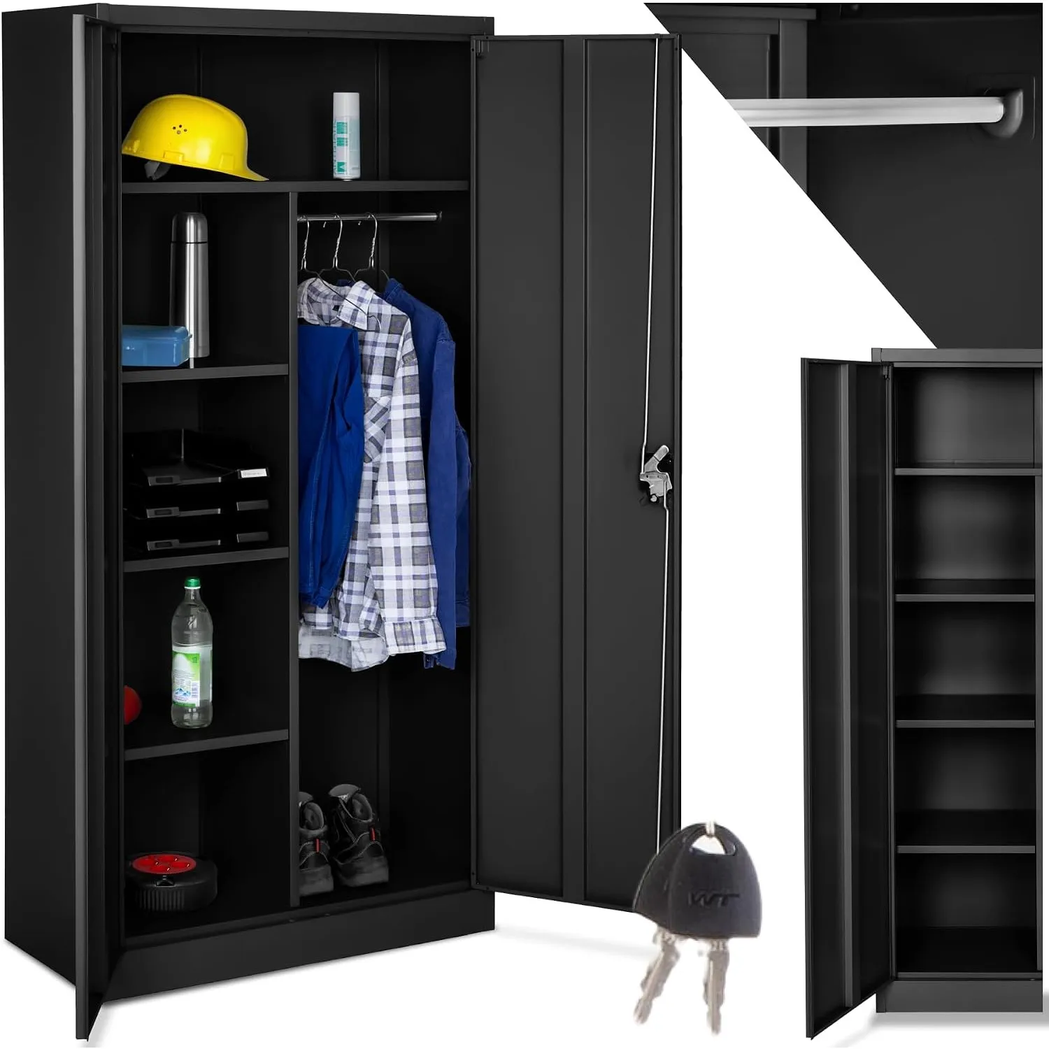 tectake Aktenschrank, Spind Schrank, Mehrzweckschrank, Garderobenschrank mit Kleiderstange, Haushaltsschrank mit 6 Fäch…