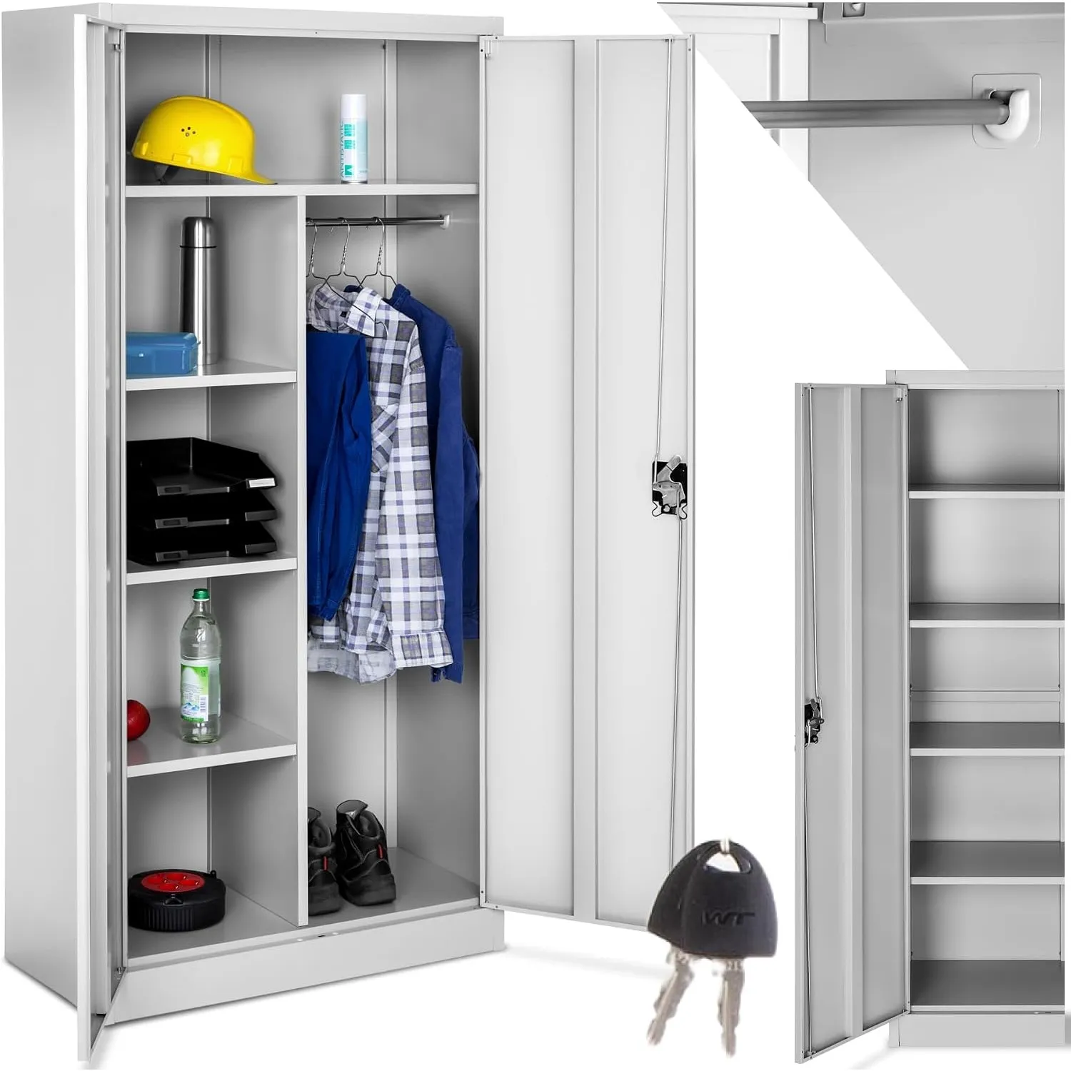 tectake Aktenschrank, Spind Schrank, Mehrzweckschrank, Garderobenschrank mit Kleiderstange, Haushaltsschrank mit 6 Fäch…