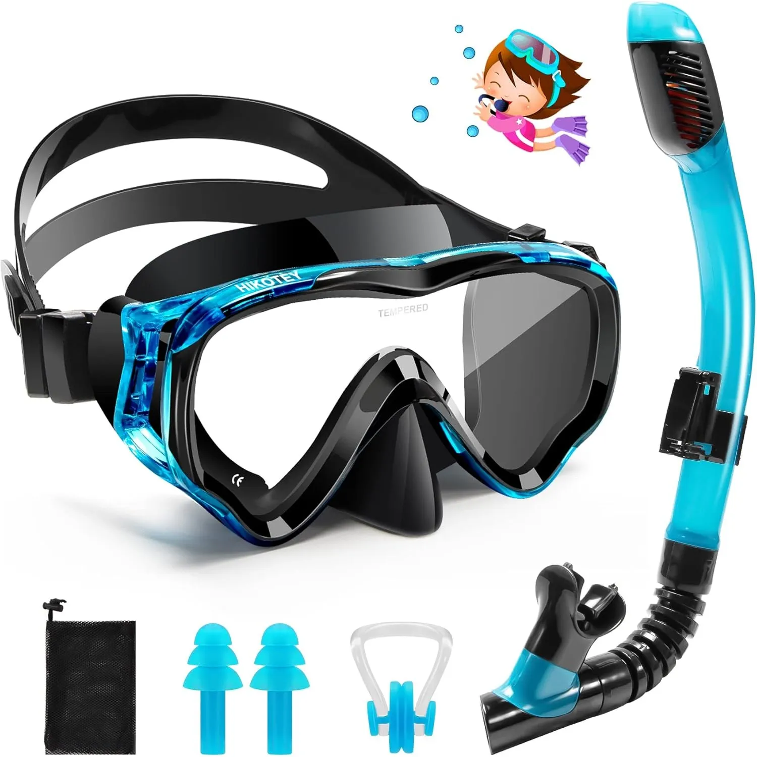 Schnorchelset Kinder, HIKOTEY Trocken Schnorchelset Kinder Anti-Fog Panorama, Anti-Leck Tauchmaske Dry Schnorchel mit w…