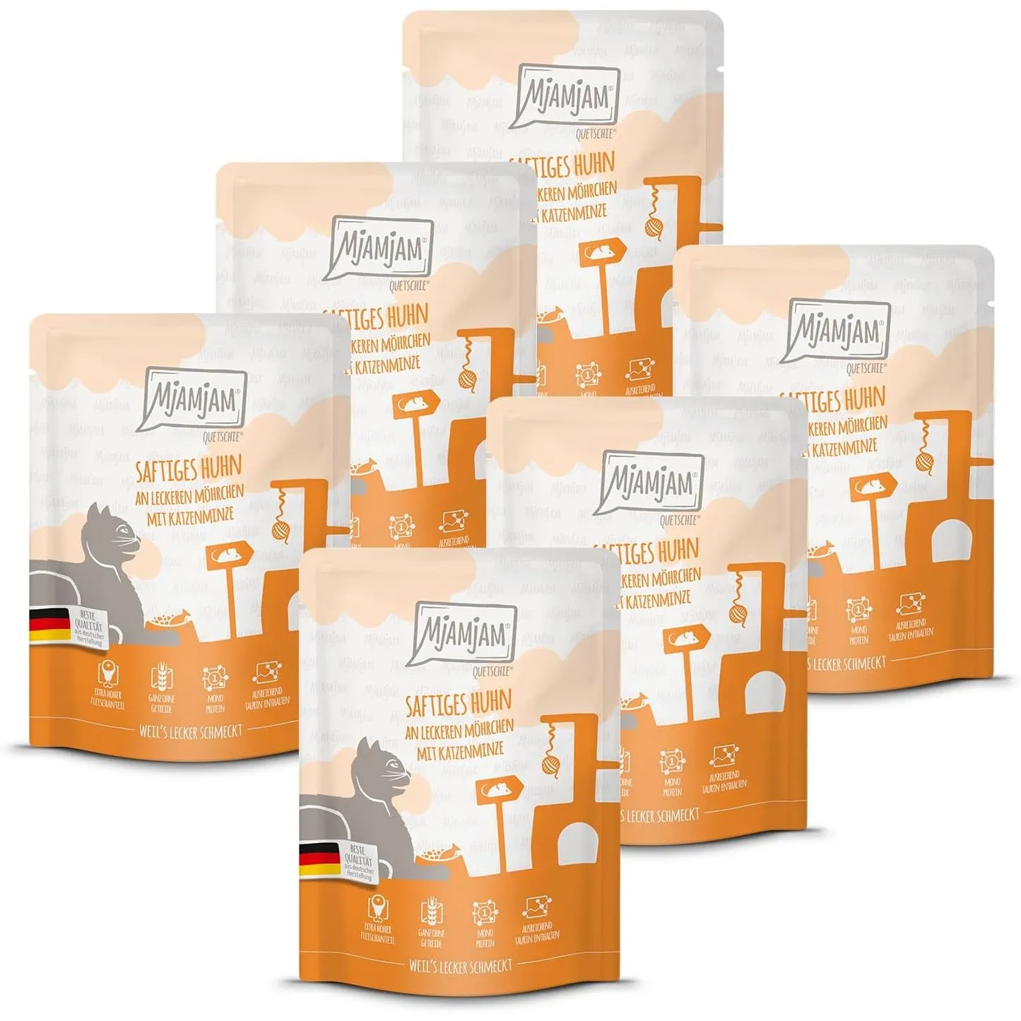 MjAMjAM - Premium Nassfutter für Katzen - Quetschie - saftiges Huhn an leckeren Möhrchen, 6er Pack (6 x 300 g), getreid…