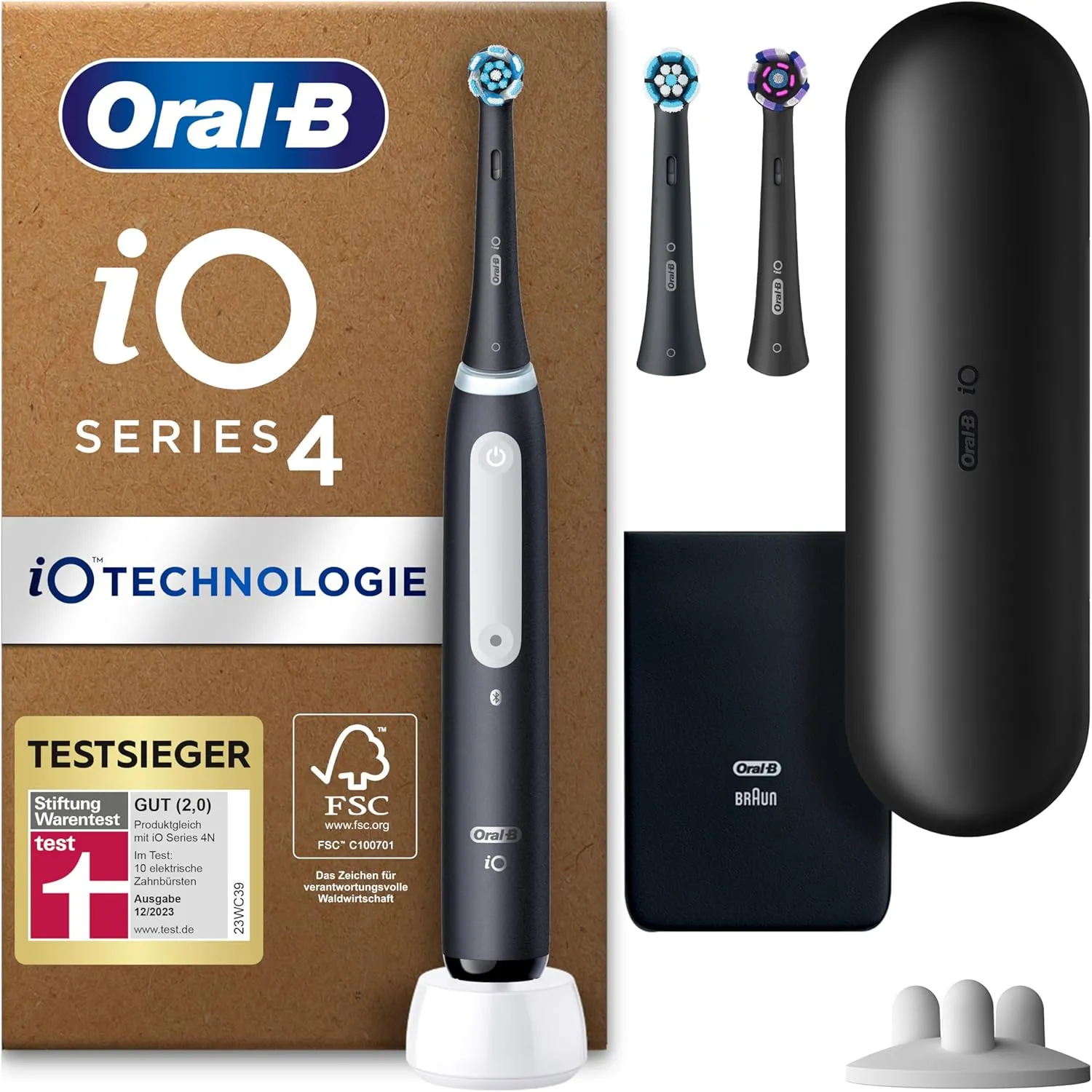 Oral-B iO Series 4 Plus Edition Elektrische Zahnbürste/Electric Toothbrush, PLUS 3 Aufsteckbürsten, 4 Putzmodi für Zahnpflege, Reiseetui, Designed by Braun, matt schwarz