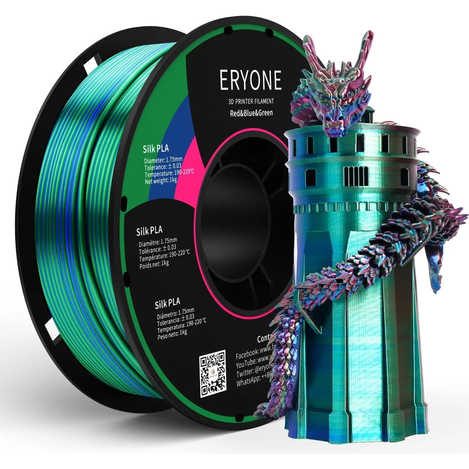 ERYONE Silk PLA Filament 1.75 mm, 3D Drucker Filament PLA Silk,+/- 0.03 mm,Seidiges Mehrfarbiges PLA-Filament,1 kg/Spul…