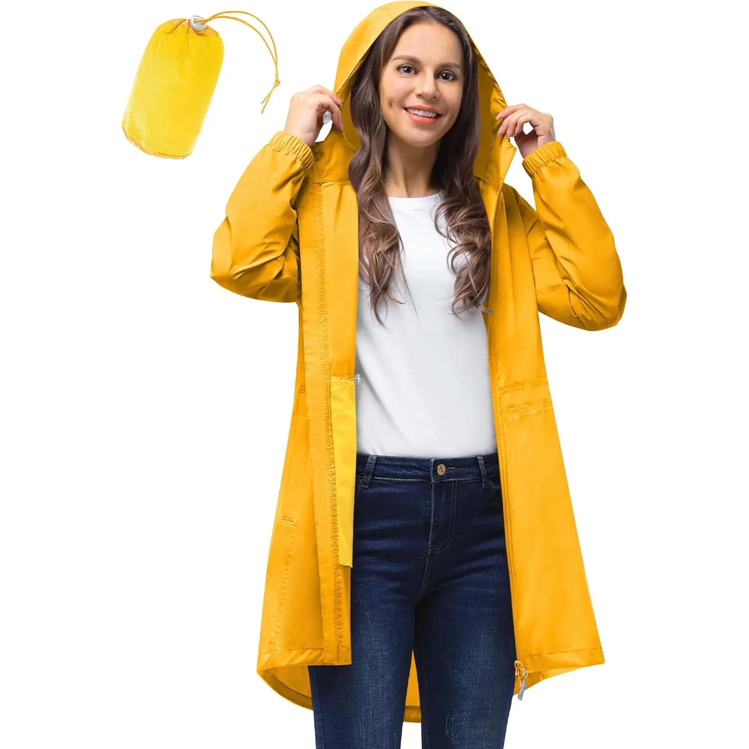 33,000ft Damen Dünne Wasserdichte Faltbar Regenmantel Regenjacke mit Kapuze, Leicht Atmungsaktive Travel Regenponcho, L…