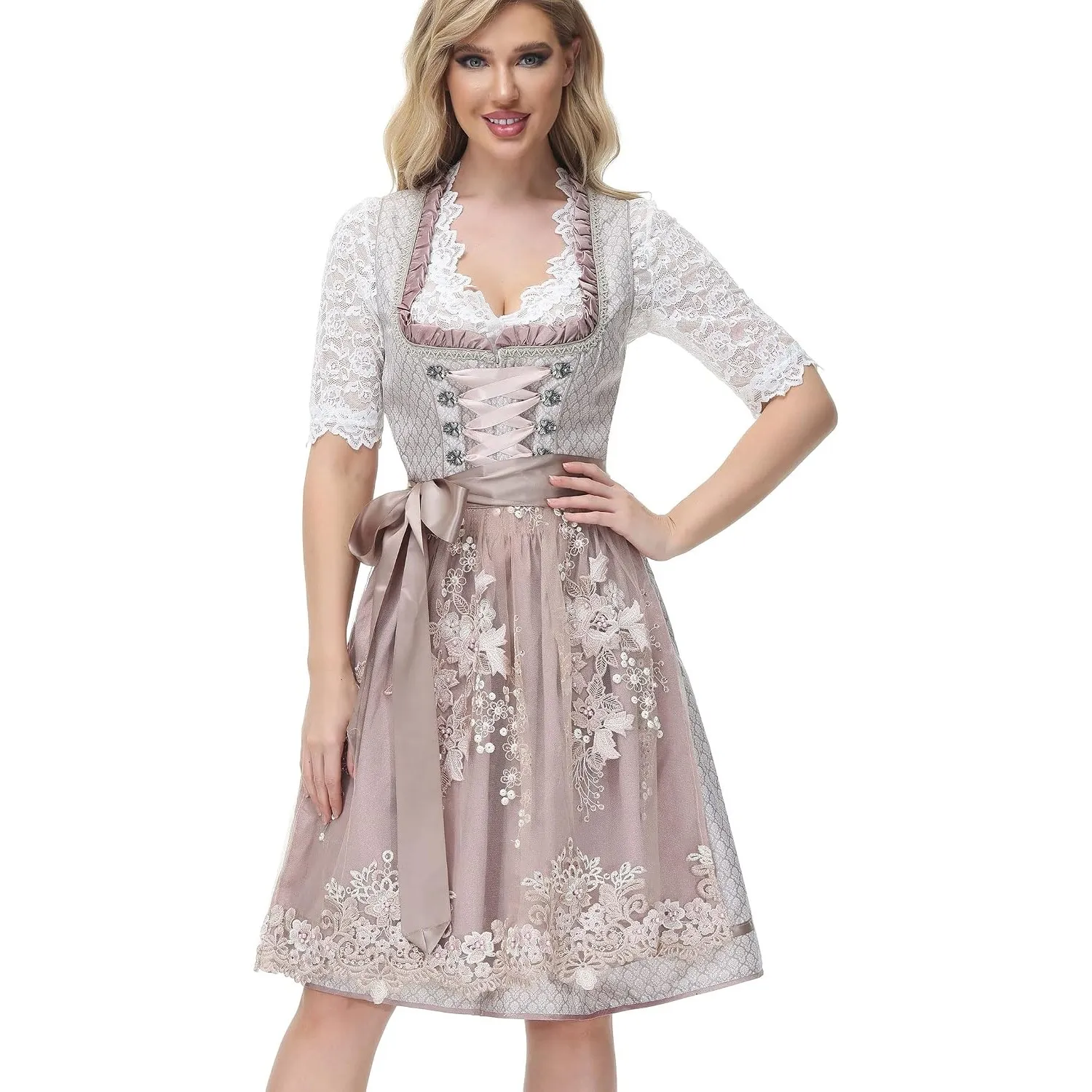 TrendiMax Trachten Damen Dirndl Midi Dirndlkleid Tachtenkleid für Oktoberfest mit Spitzenschürze 34-48
