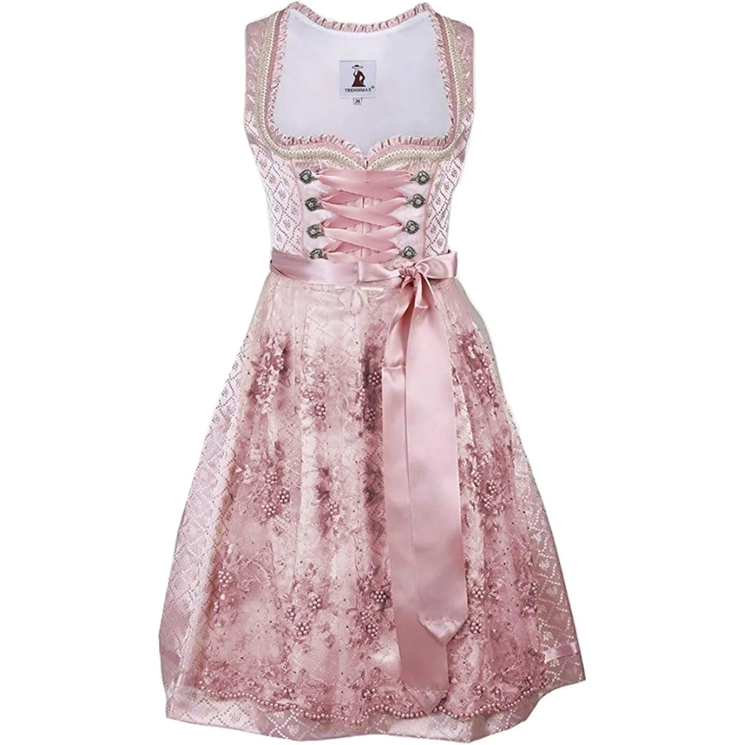 TrendiMax Trachten Damen Dirndl Midi Dirndlkleid Tachtenkleid für Oktoberfest mit Spitzenschürze 34-48