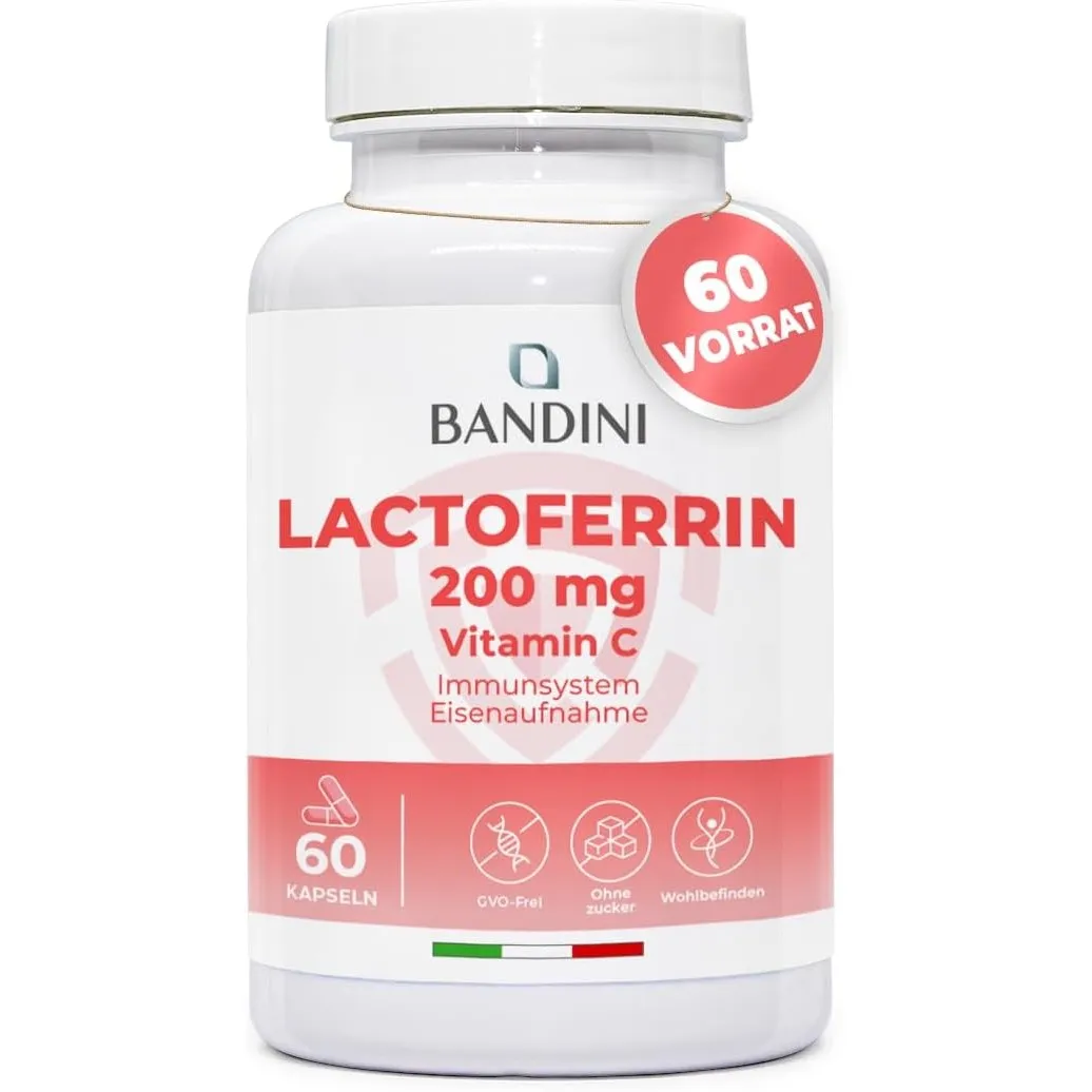 Bandini® Lactoferrin 60 Kapseln - 200mg Laktoferrin + 60mg Vitamin C je Tagesdosis (1 Kapsel) - Für Eisenaufnahme & Imm…