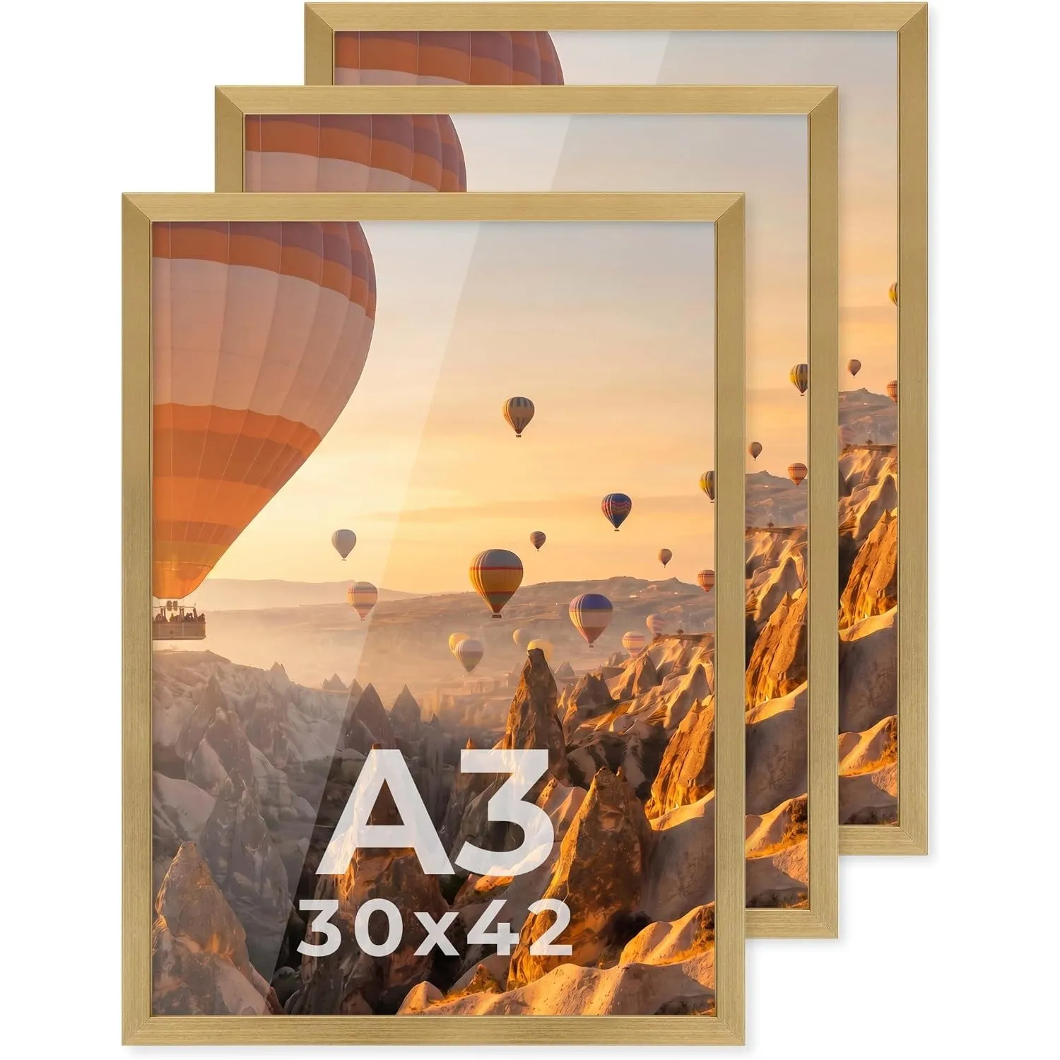 PHOTOLINI Bilderrahmen A3 Holz MDF Gold, 3er Set A3 Bilderrahmen 30x42 Holz MDF, DIN A 3 Rahmen mit Acrylglas, Picture …