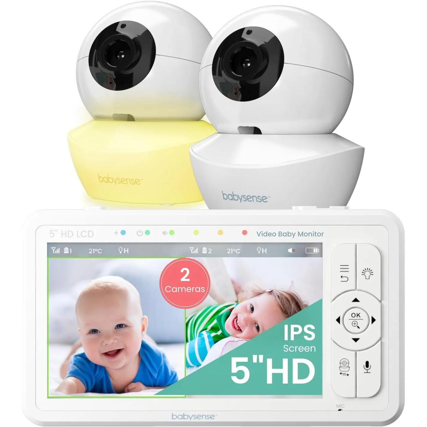 Babysense Babyphone HD 5 Zoll mit 2 Kameras, Video Babyphone ohne WLAN, Nachtlicht, Wiegenlieder, 300m Reichweite, Zwei…