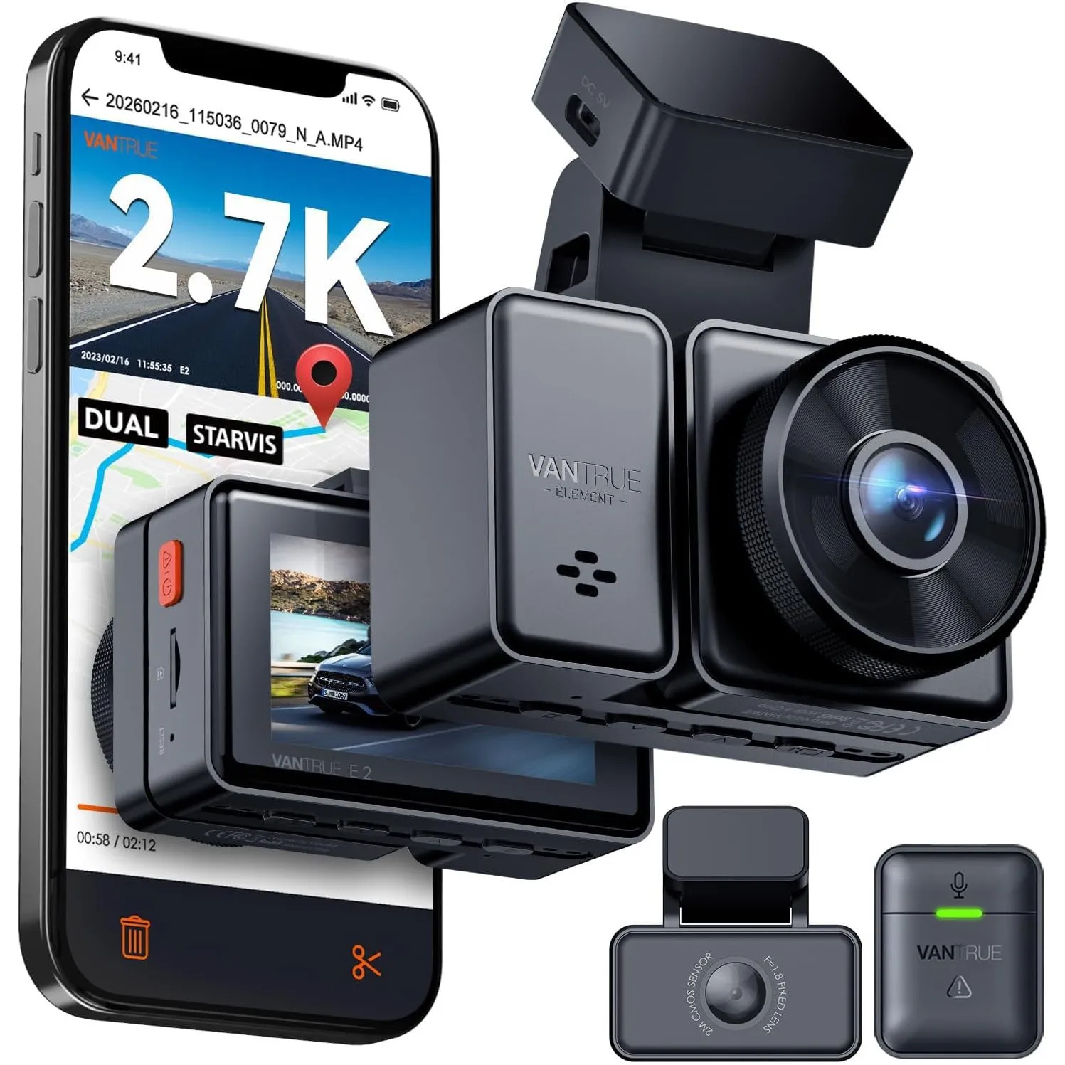 VANTRUE E2 2.7K+2.7K Dashcam vorne hinten, WDR Nachtsicht mit Fernbedienung