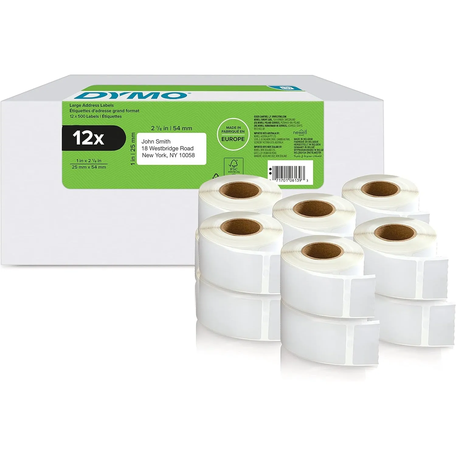 DYMO Original LabelWriter Rücksendeadressetiketten | 25mm x 54mm | 12 Rollen mit je 500 leicht ablösbaren Etiketten (6.…