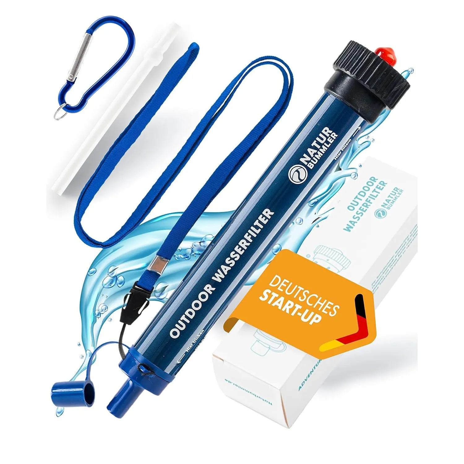 NATURBUMMLER Wasserfilter Outdoor [Filtert 99,99 % aller Bakterien] mit Karabiner & Trinkhalm – Trinkwasserfilter für S…