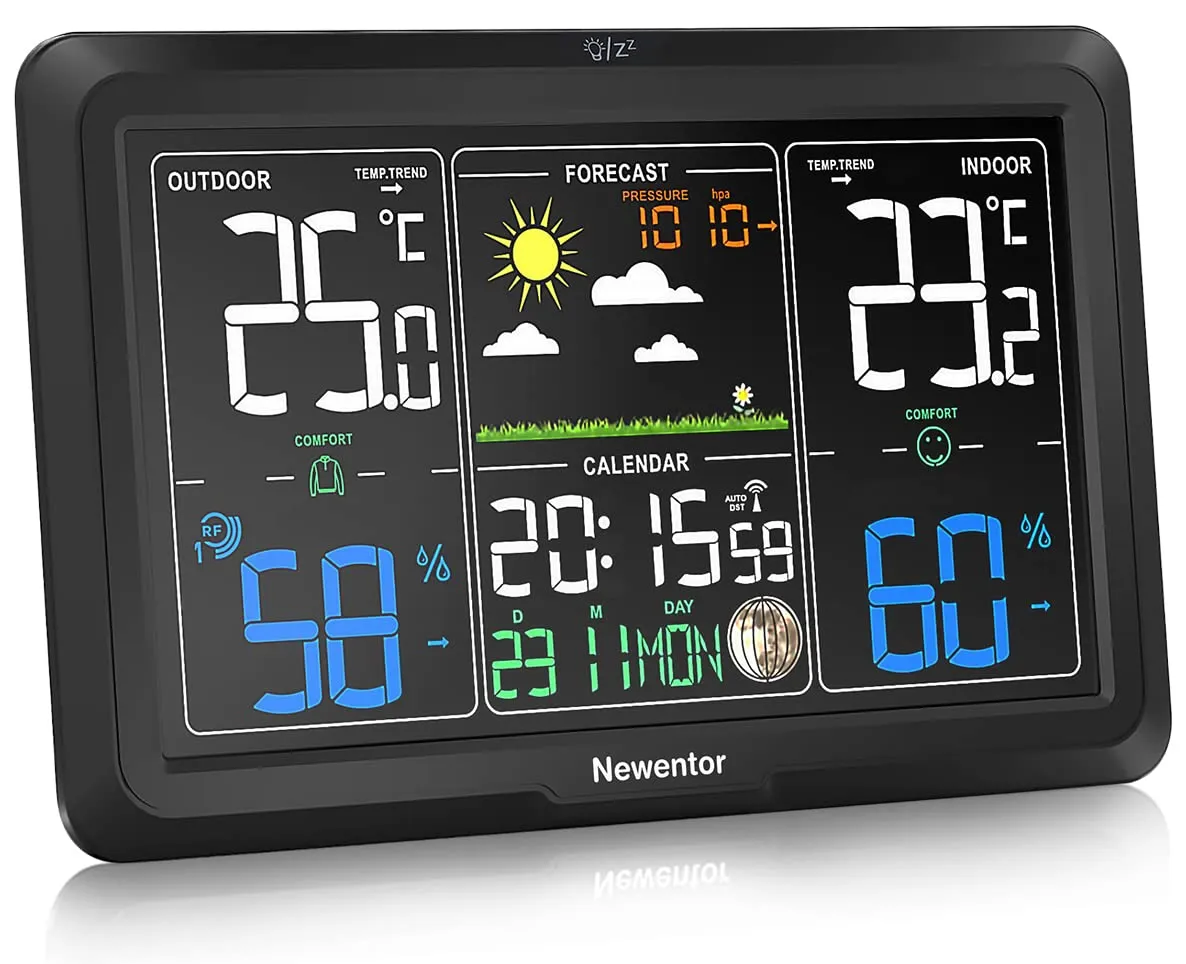 Newentor Wetterstation Funk mit Außensensor - Lebenslange Außensensor-Garantee - Lebendiges VA-Display für 330°Ablesbarkeit - Dauerhafte Beleuchtung, Schwarz