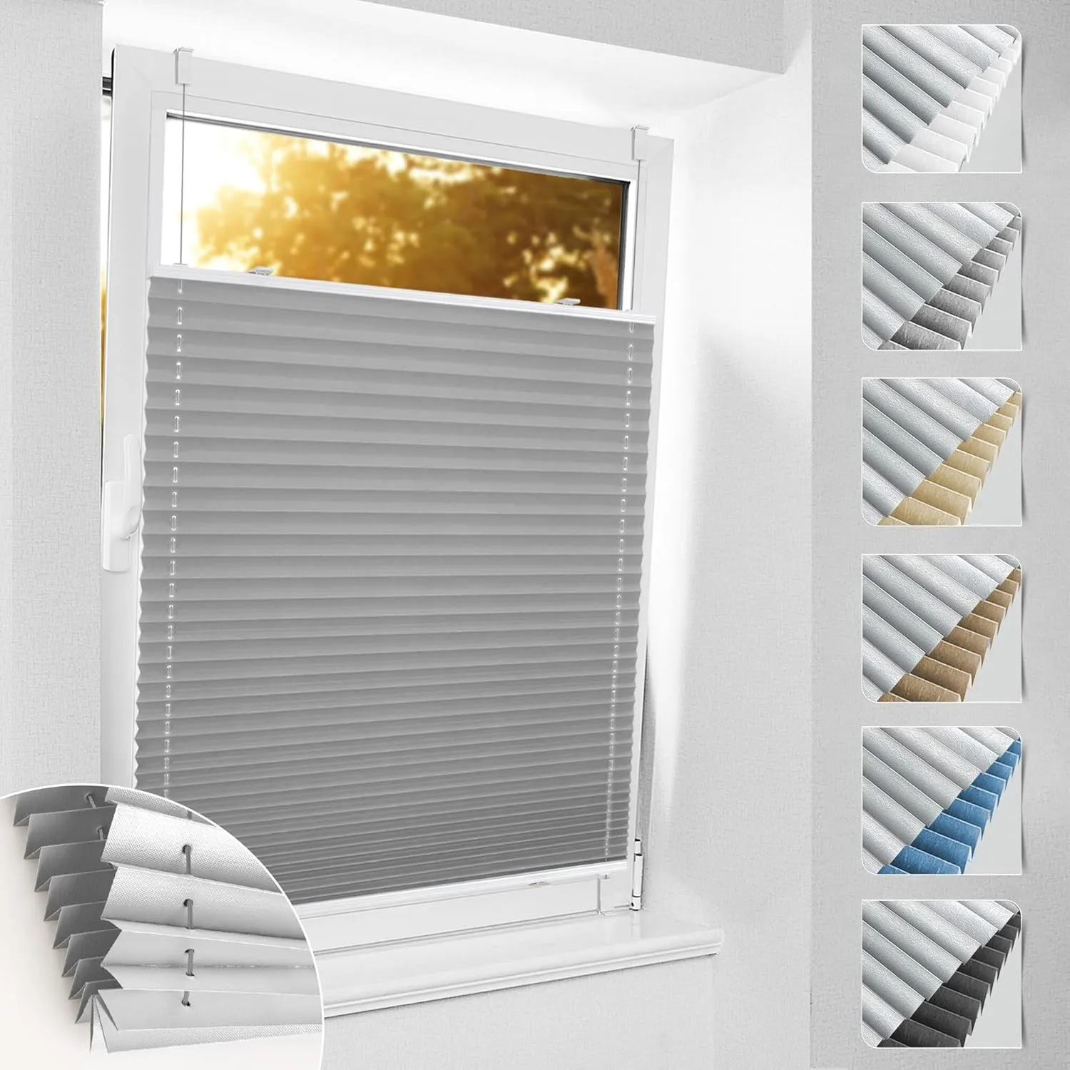 bobodeco Plissee ohne Bohren Verdunkelung Klemmfix, Hellgrau 95x110 cm(BxH) Verdunklungsplissee Thermo Plissees 100% Ve…