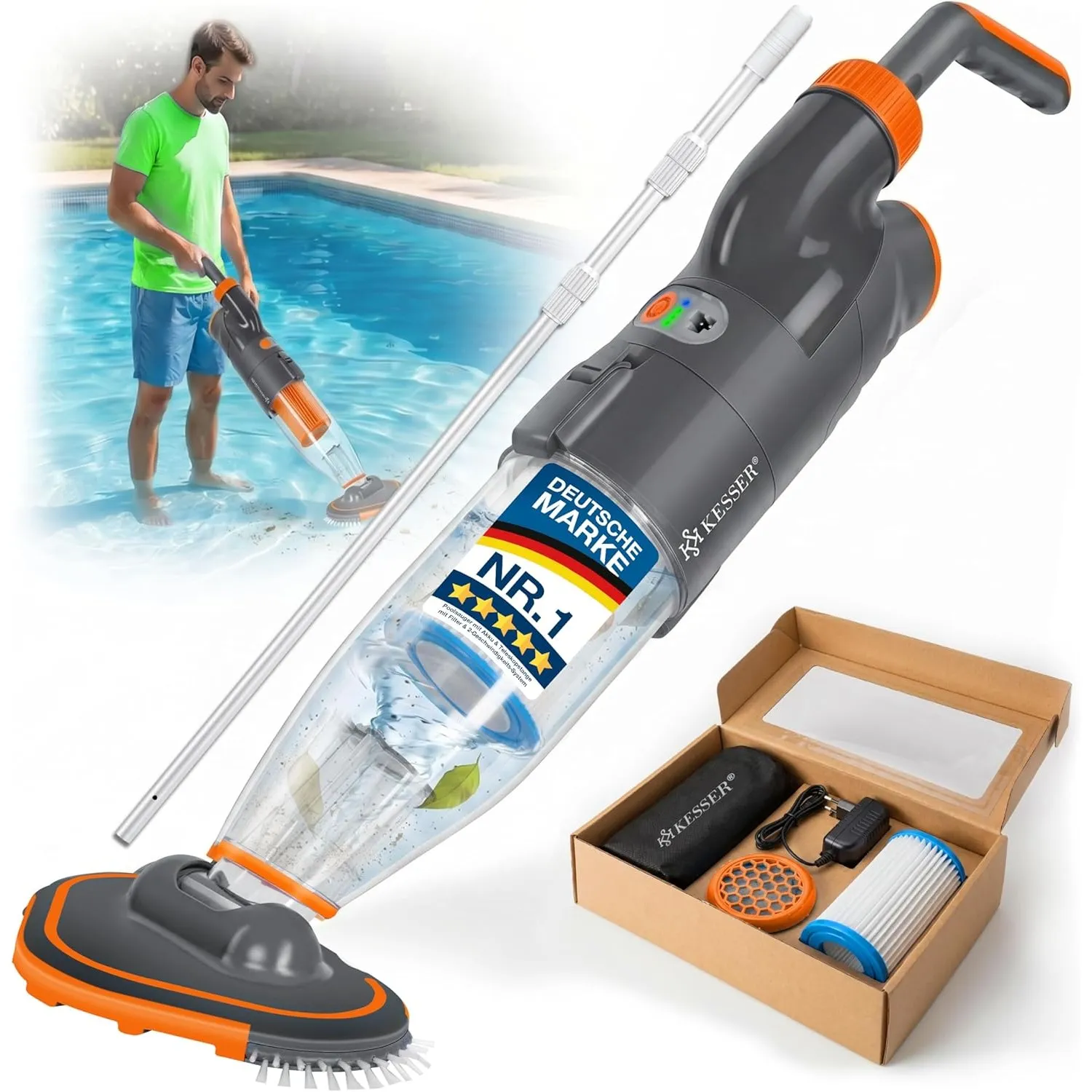 KESSER® Poolsauger mit Akku | elektrische Pool Bodensauger | Poolreiniger mit Filter & 2-Geschwindigkeits-System | Hand…