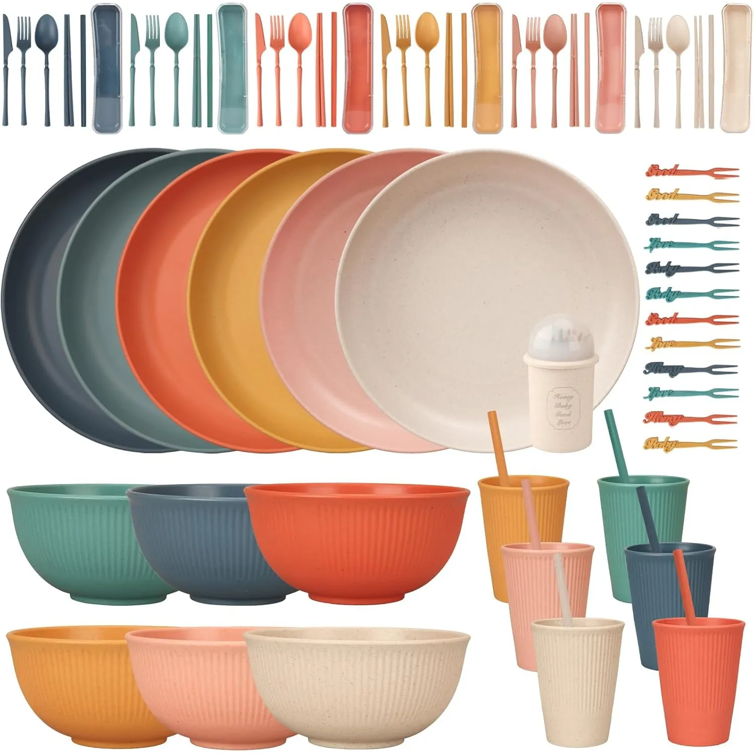 Unzerbrechliches Geschirr Set 6 Personen, 66 Teiliges Camping Geschirr Set Plastikgeschirr Picknick Geschirr Sets Leich…