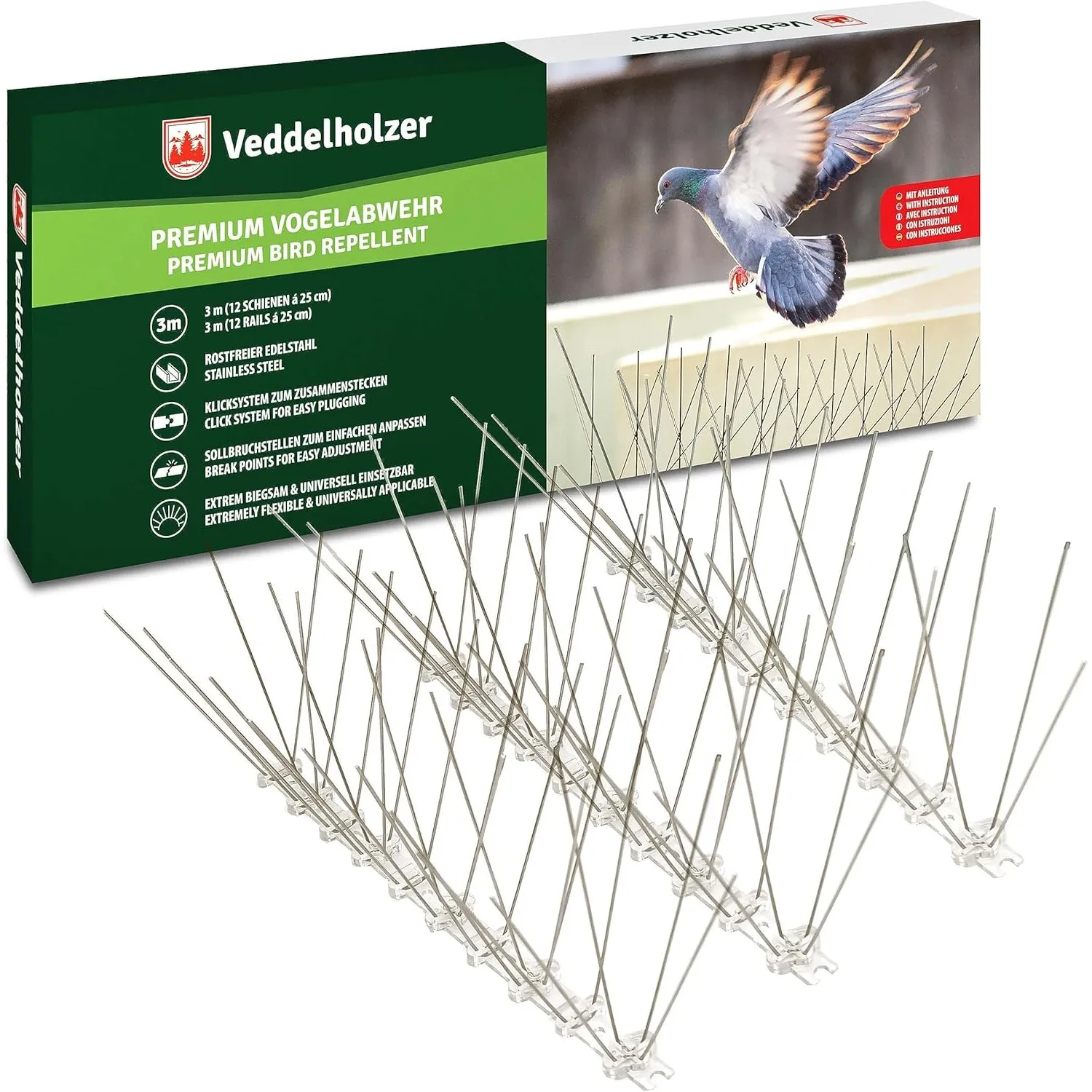 Veddelholzer Premium Universal 3 Meter Edelstahl Vogelabwehr Taubenabwehr Balkon-Taubenschutz Vogelabwehr Spikes mit So…