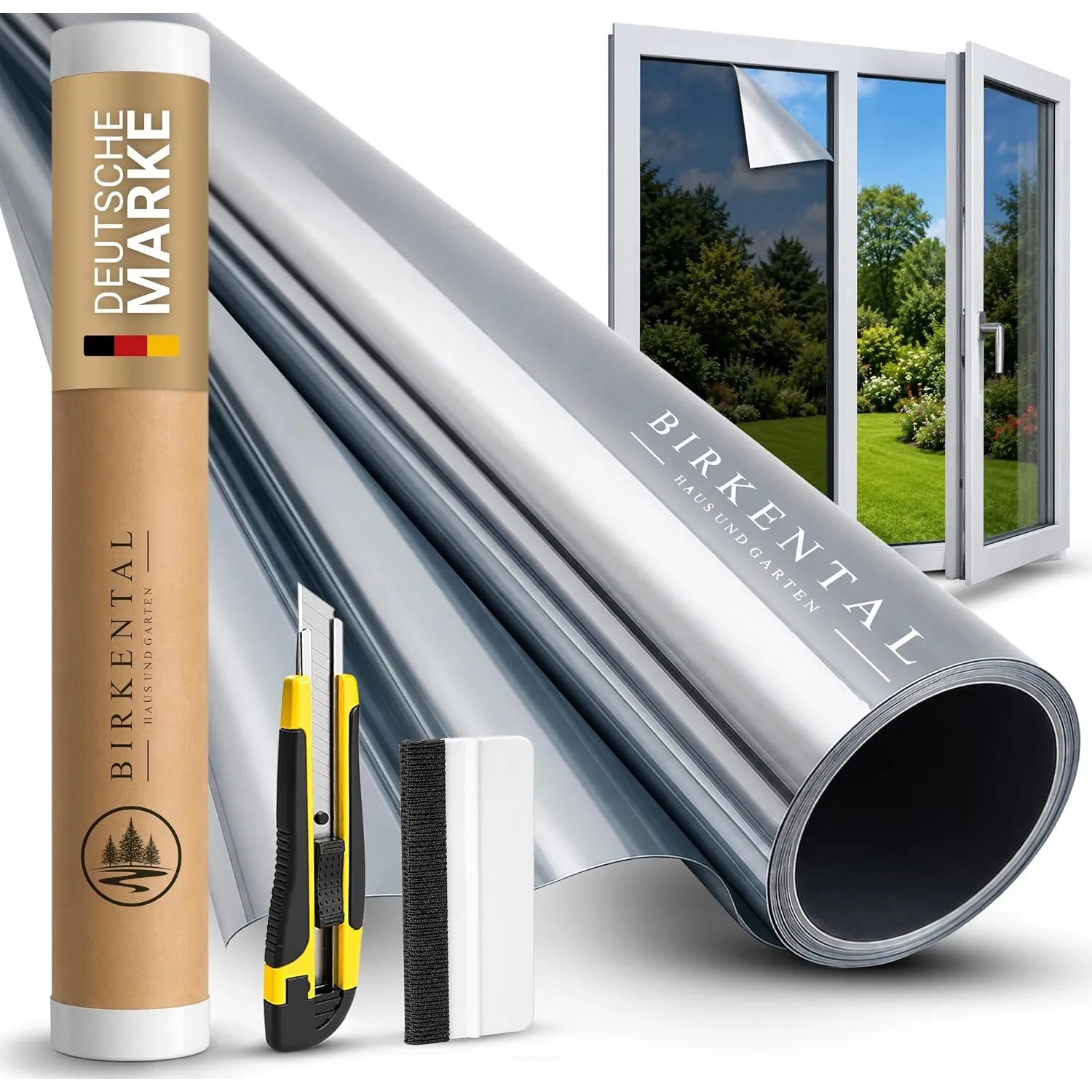 Birkental Sonnenschutzfolie Fenster innen oder außen - UV Schutz Spiegelfolie - Hitzefolie - Fensterfolie Blickdicht - …