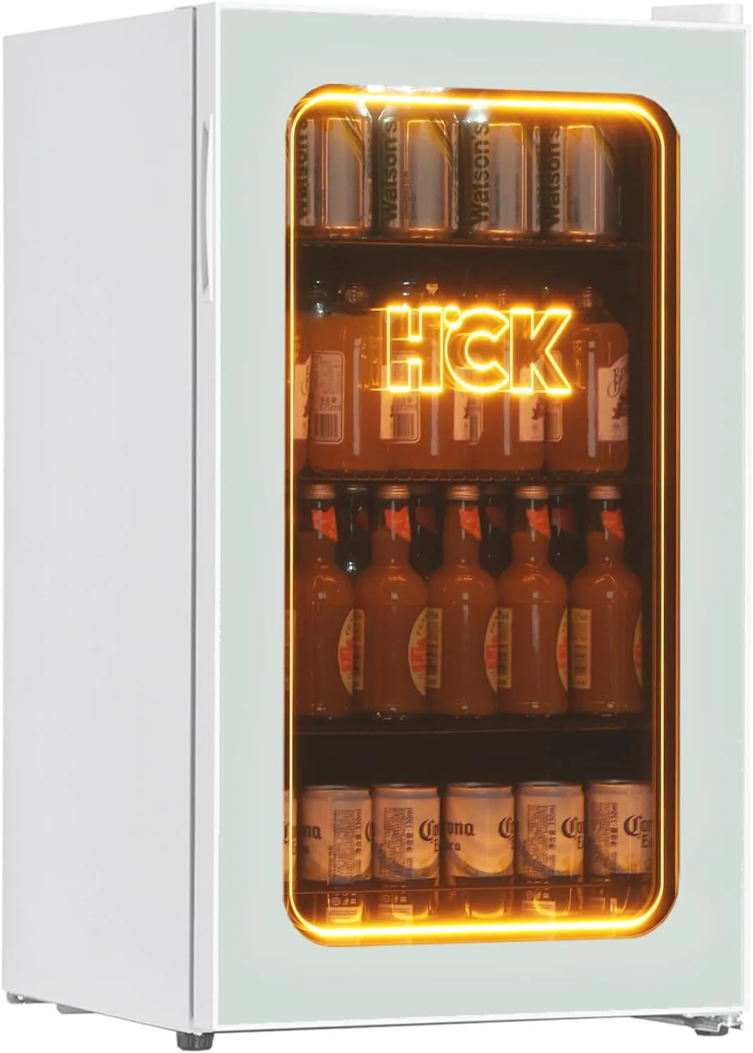 HCK 98L Getränkekühlschrank und Kühler, 105 Dosen Mini-Kühlschrank mit Glastür, 3D Orange Licht kleiner Kühlschrank mit…