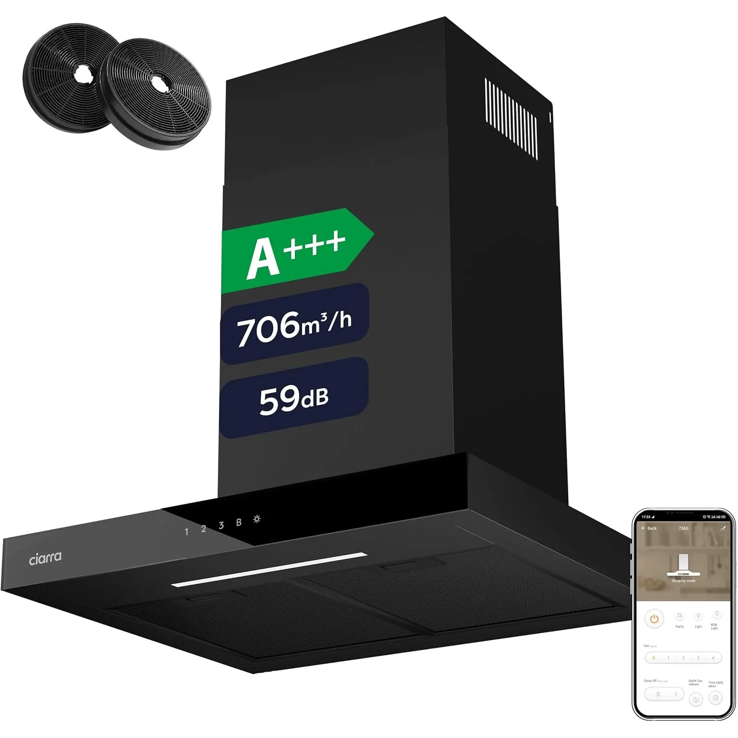 CIARRA CBCB6102 A+++ Dunstabzugshaube 60 cm 706 m³/h Wi-Fi App SensorTouch | Umluft/Abluft | 4 Stufen Inkl. Booster | S…