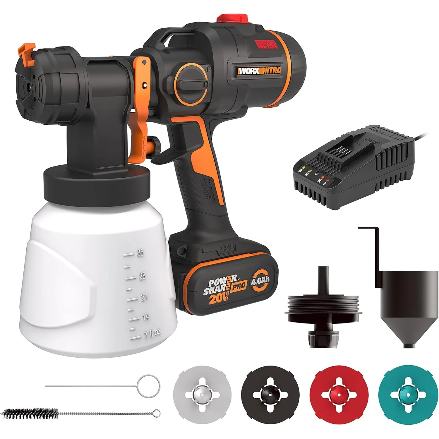 WORX WX020 Akku-Farbsprühsystem 20V, inkl. 4Ah Akku & 2A Schnellladegerät | Leistungsstark bürstenloser Motor, 3 Sprühf…