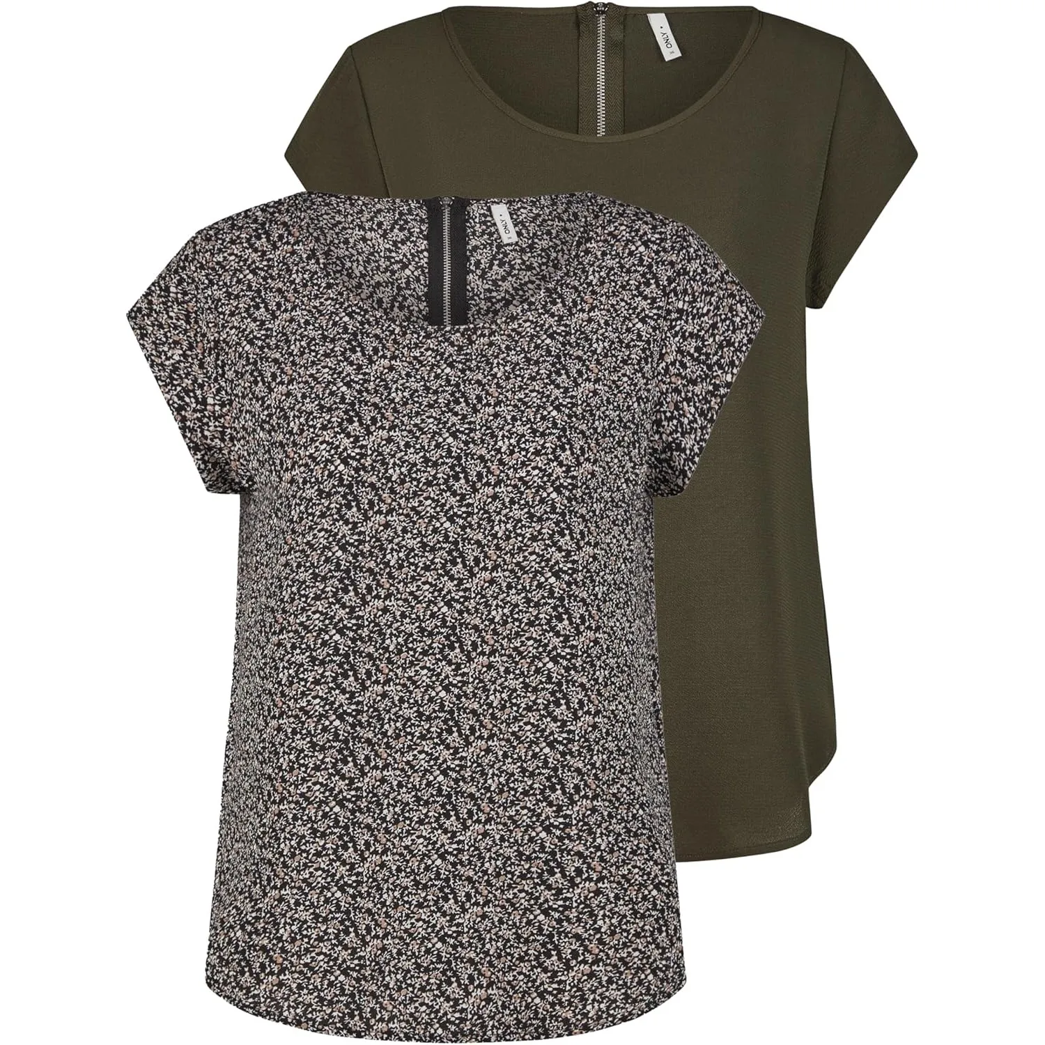 ONLY Tshirt Damen Regular Fit ONLVIC 2er Pack Rundhals Kurzarm Bluse Top Sommer Basic Muster Einfarbig Weiß Schwarz Grü…
