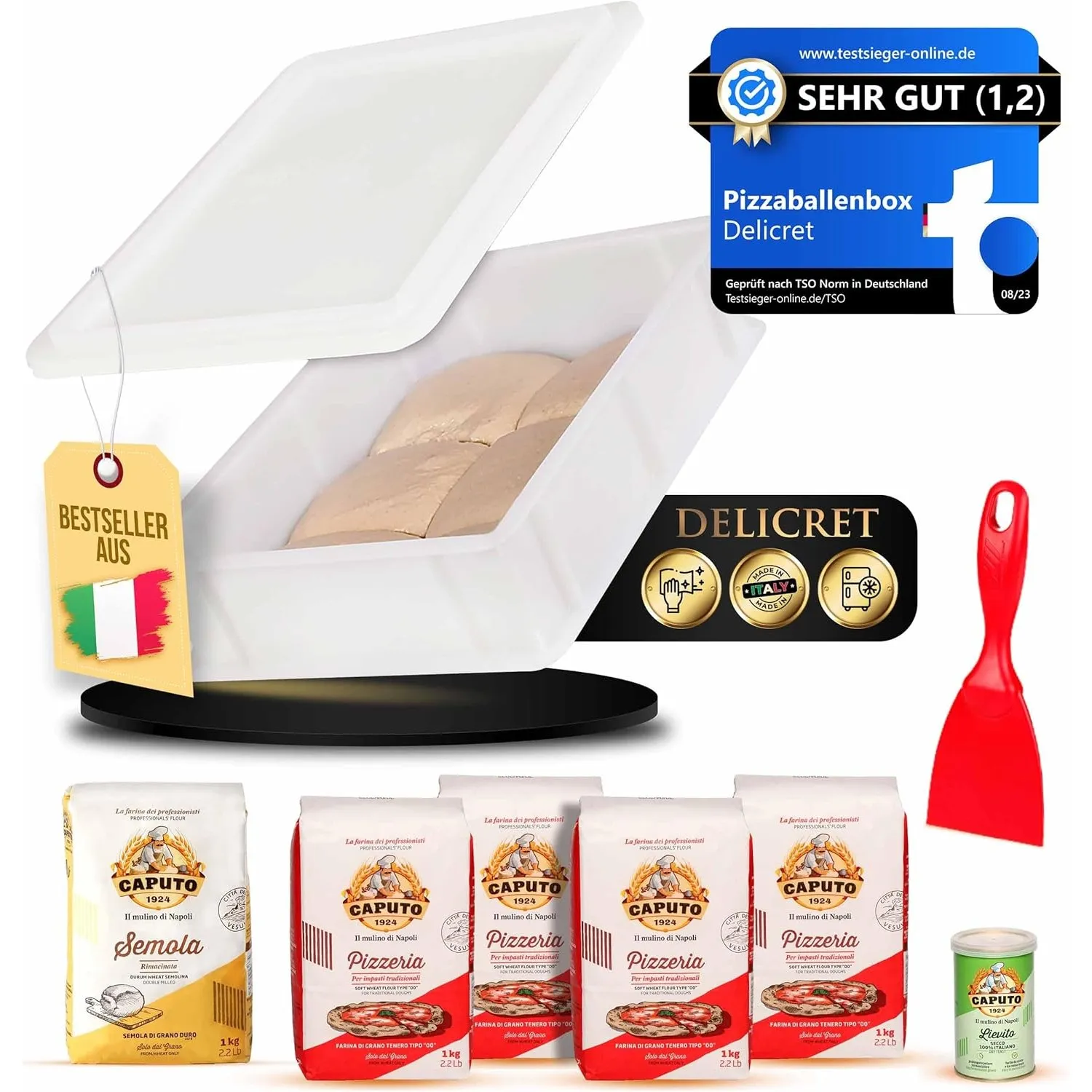 DELICRET Pizza Starter Set mit Pizzaballenbox & Caputo Zutaten | Mit 4 kg Caputo Pizzeria, 1 kg Semola, 100 g Hefe, Piz…