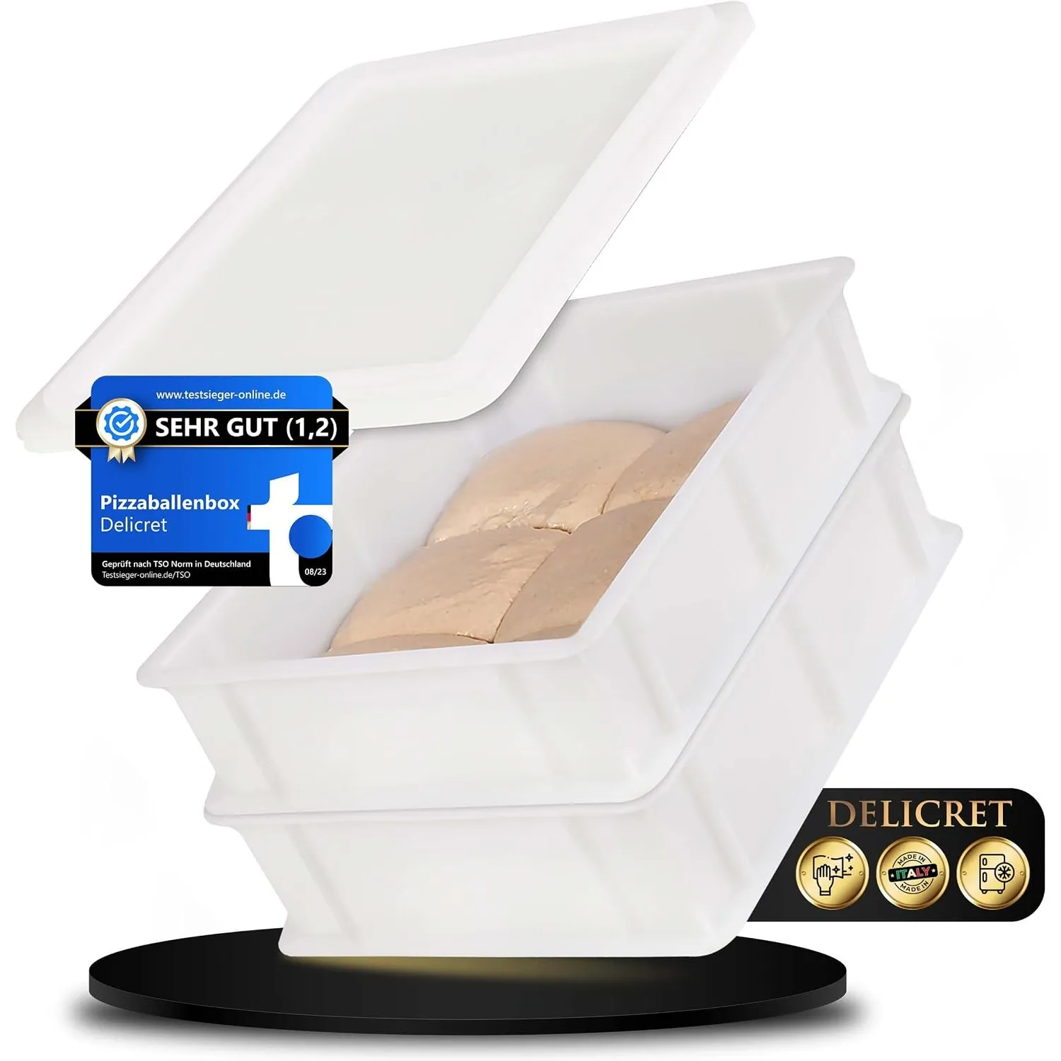 DELICRET 2x Pizzaballenbox mit 1x Deckel für Pizza-, Brot- & Sauerteig | 40×30×10 cm – die ideale Pizzateig Box für den…