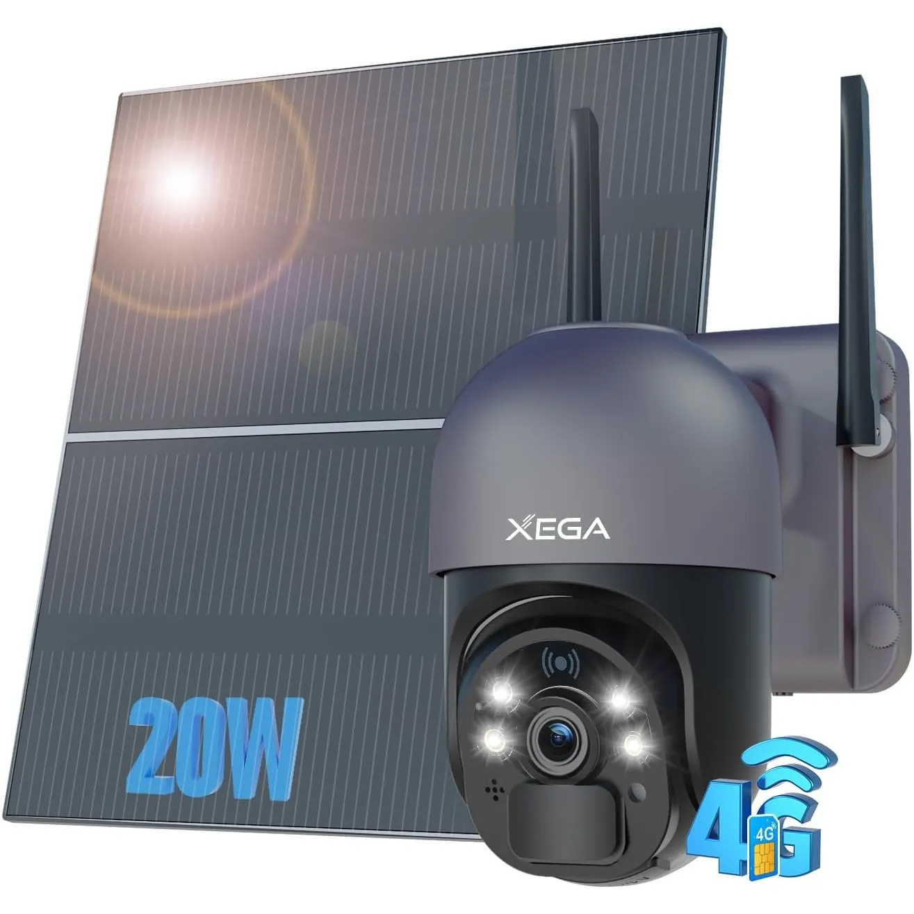 Xega 4G LTE Überwachungskamera mit SIM Karte 20W Solar 20000mAh Akku Aussen | ohne WLAN PTZ, 2K 3MP Auflösung, 355°/95°…