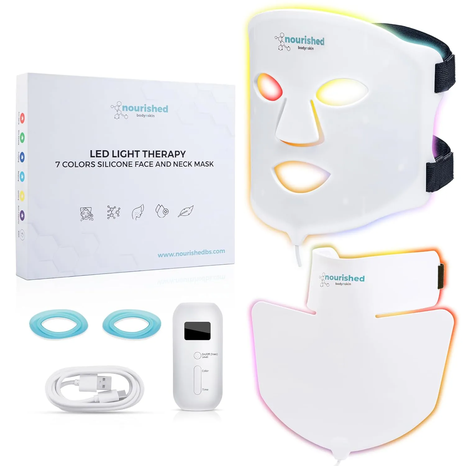 Nourished Bodynskin LED Lichttherapie Gesichts- & Halsmaske - Gesichtspflegegerät - 7 Farben Rot & Blau - Verjüngung, Anti-Aging-Produkt gegen Falten