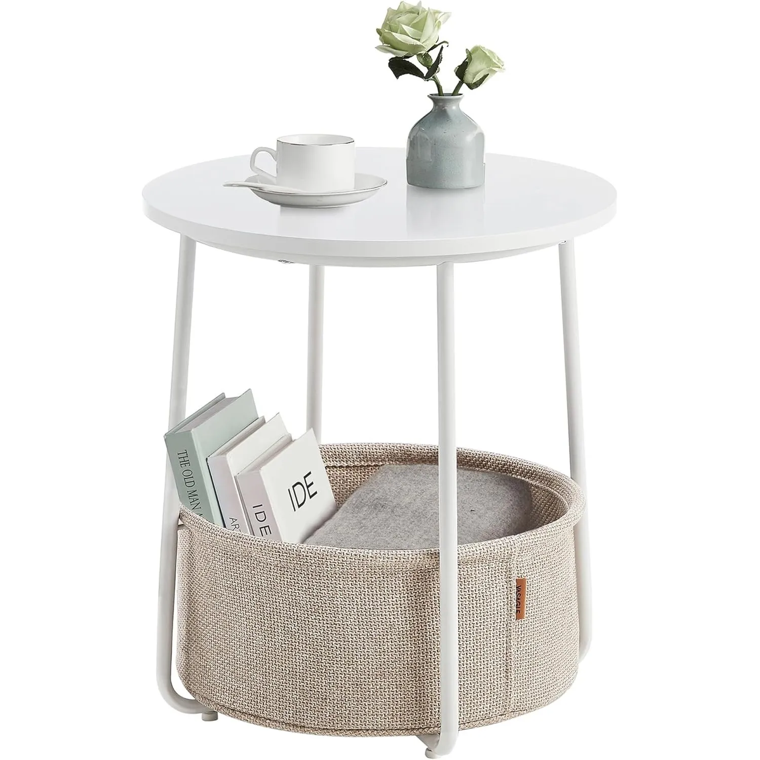 VASAGLE LILEA Kollektion - Beistelltisch rund, Kleiner Tisch, Couchtisch klein, Wohnzimmertisch, Korb aus Stoff, Staura…