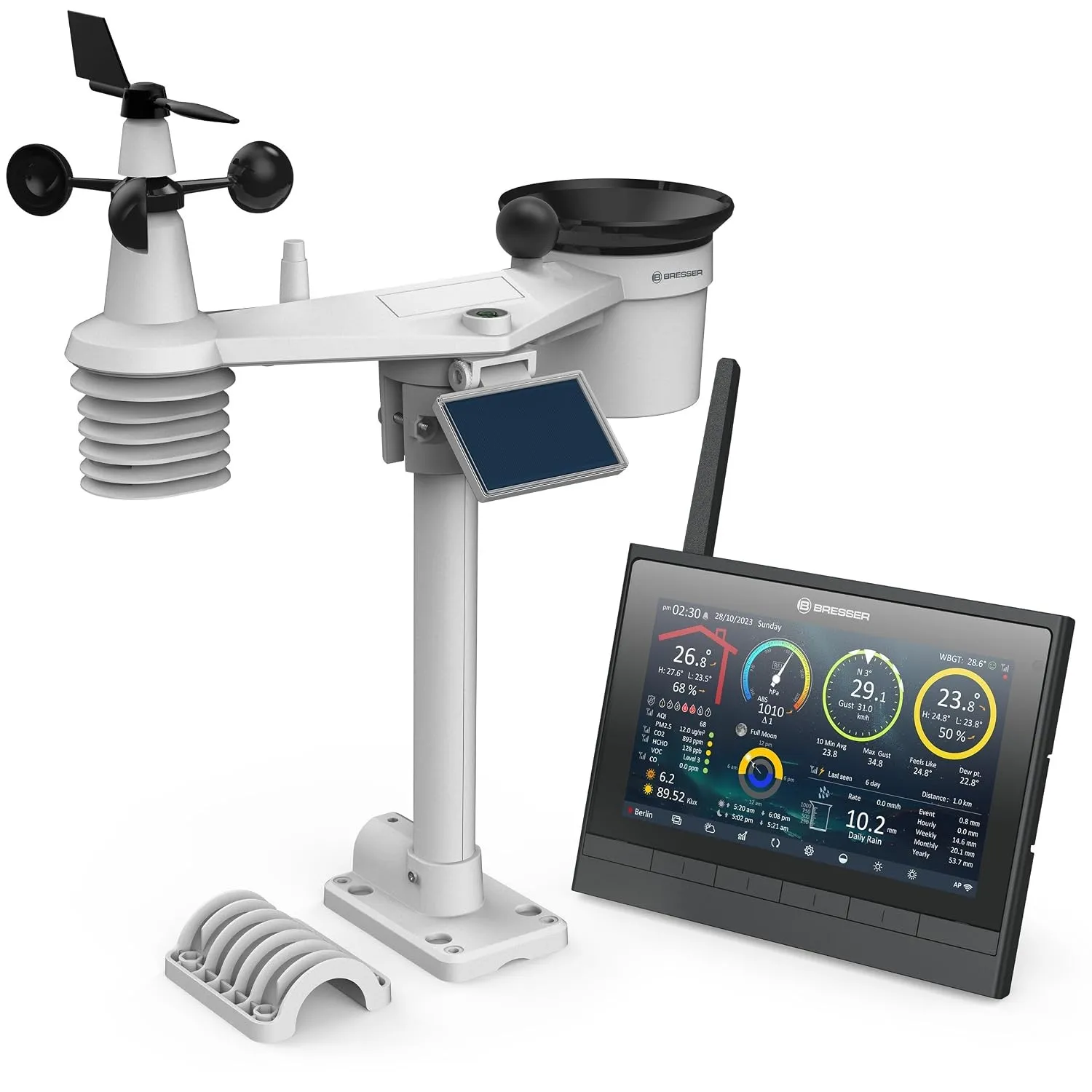 Bresser 9-in-1 MeteoChamp HD WLAN-Wetterstation mit solarbetriebenem Multisensor, Luftqualitätsanzeige, Hitzestress-Ind…