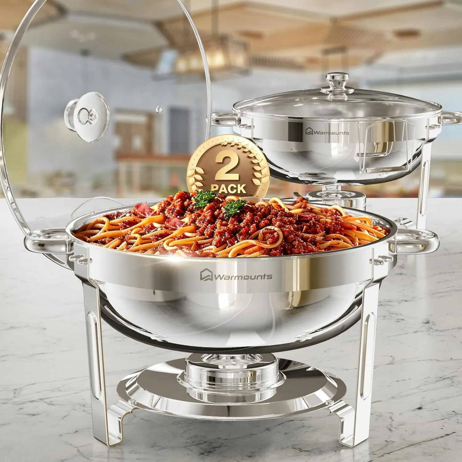 WARMOUNTS Chafing Dish Buffet 5L 2er Set Silber, Rund Speisenwärmer für Catering mit Glasdeckel & Deckelhalter, Hochgla…