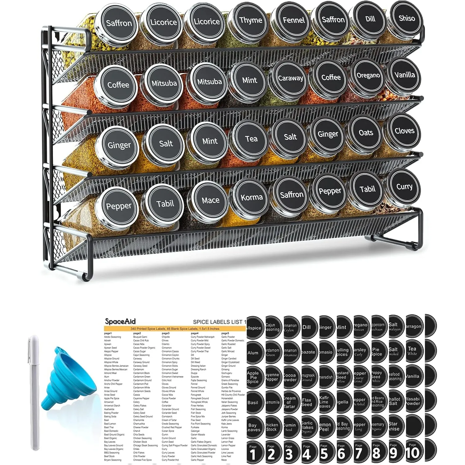 SpaceAid Gewürzregal mit 32 Gewürzgläsern, 386 Gewürzetiketten, Kreidemarker und Trichter-Set für Schrank, Arbeitsplatt…