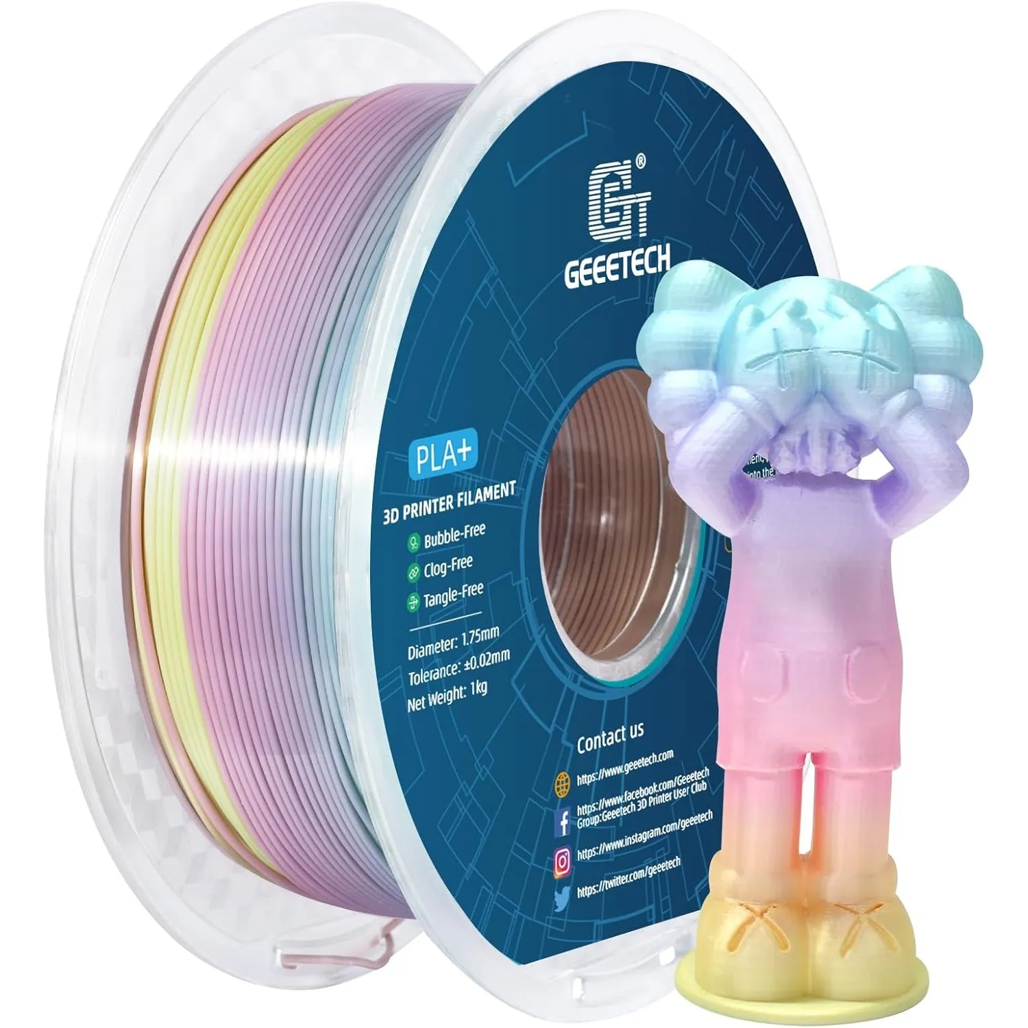 GEEETECH PLA-Filament, 1,75 mm, mehrfarbig, 3D-Drucker, PLA-Filament, 1 kg, Spule, Seide, Regenbogenfarben