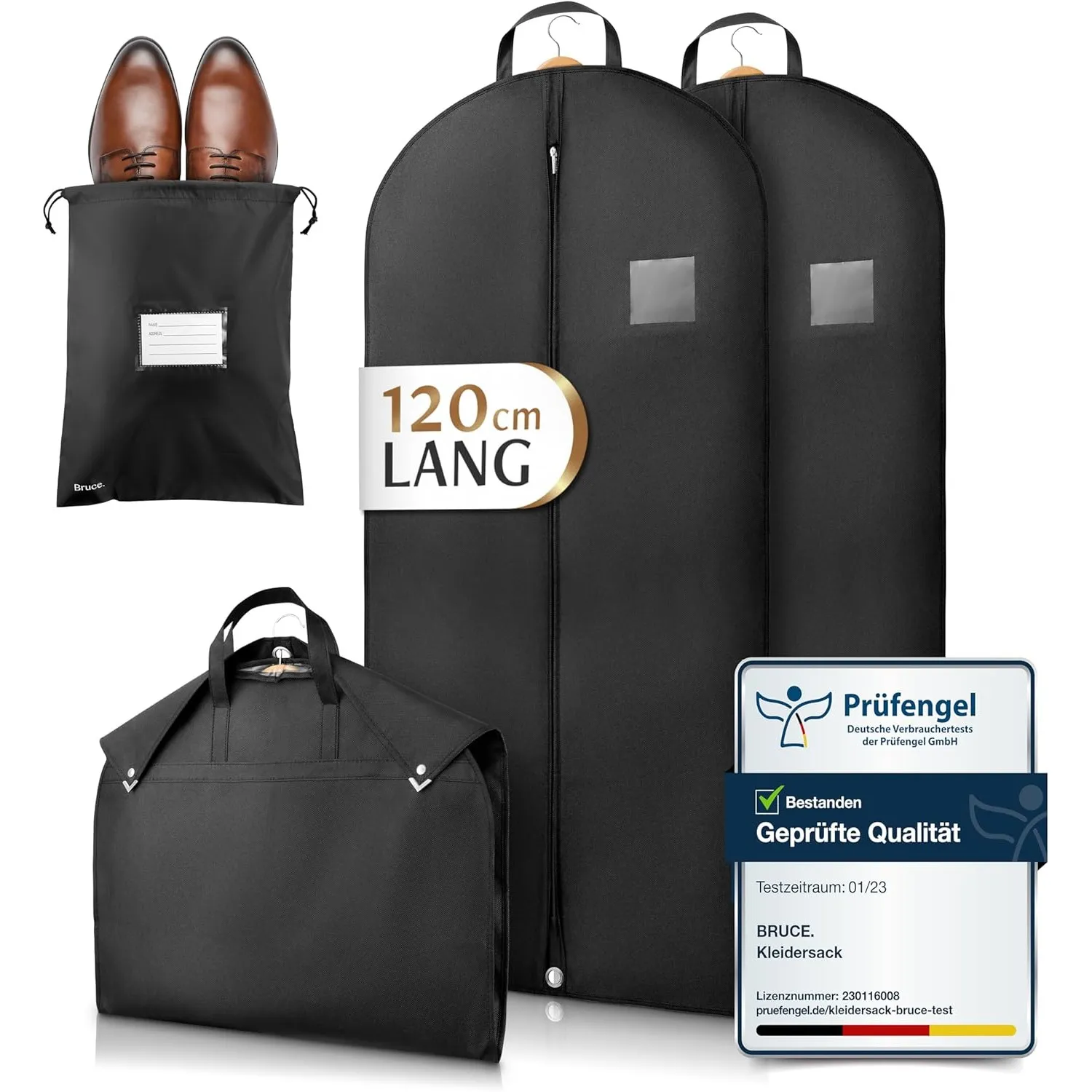 Bruce.® 2x Kleidersack Kurz 120x60 cm inkl. 1x Schuhbeutel – 120 GSM Hochwertige Kleiderhülle für Anzug, Blazer, Kostüm…