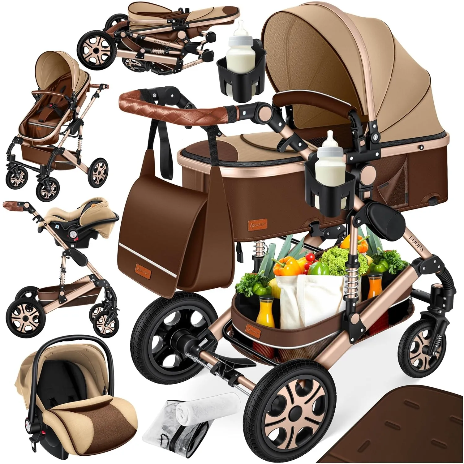 KESSER® Loops 4 in 1 Kinderwagen Kombikinderwagen Komplett-Set inkl. Babywanne & Buggy Sportsitz & Auto-Babyschale Voll…