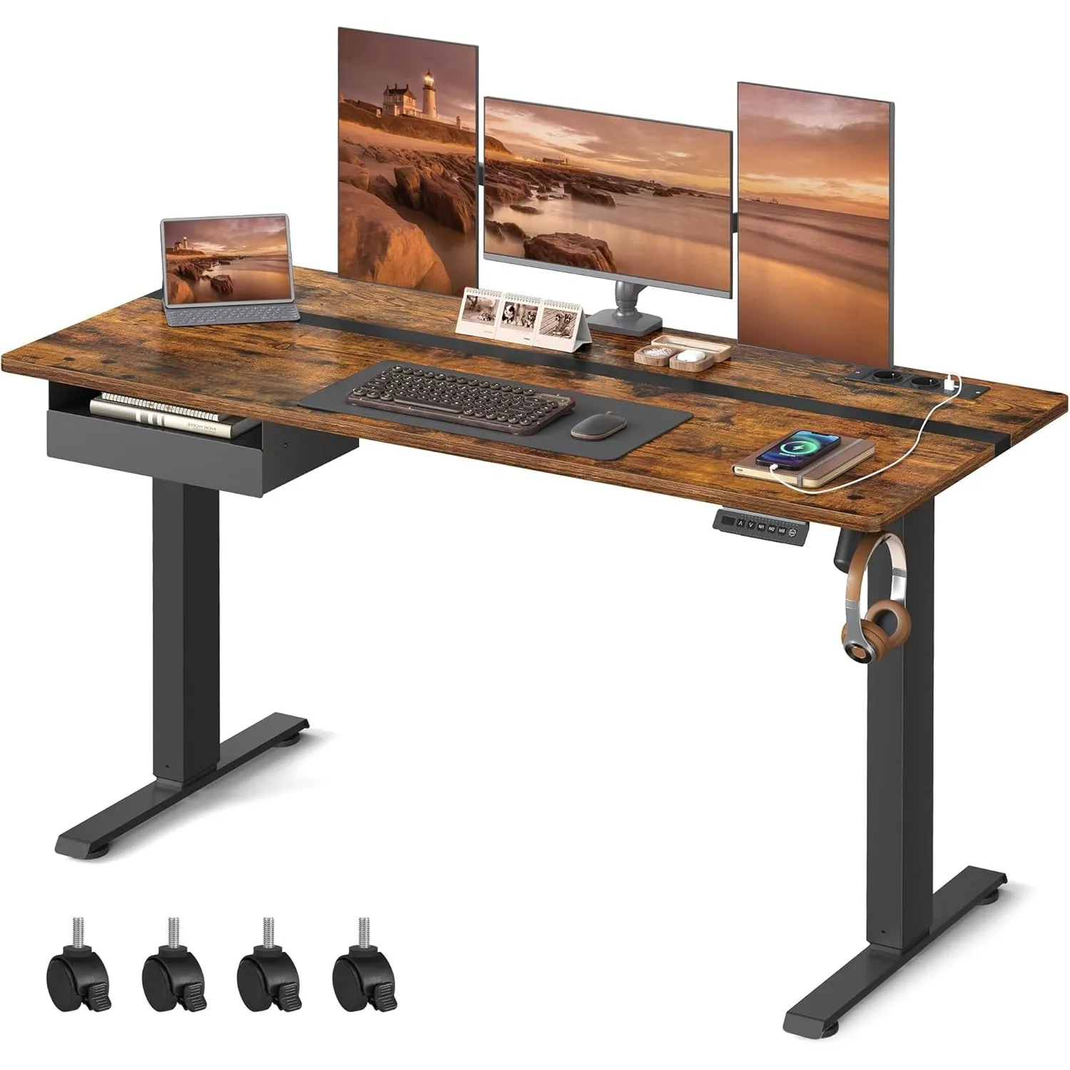 VASAGLE Höhenverstellbarer Schreibtisch elektrisch, mit Steckdose und Schublade, 60 x 140 cm Tischoberfläche, stufenlos…