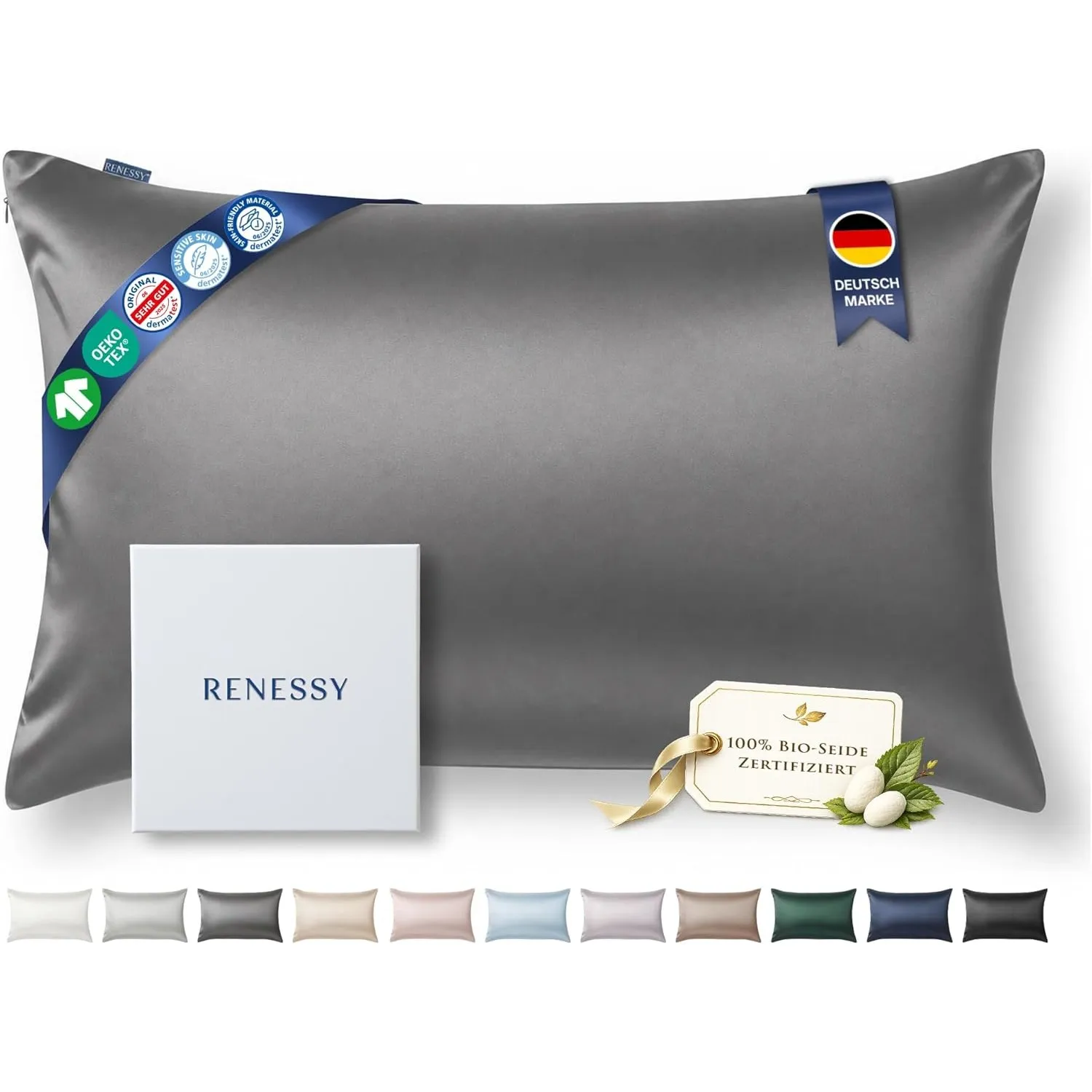 Kissenbezug aus 100% Bio-Seide 40x80cm - 22 Momme Maulbeerseide, Güteklasse 6A, Oeko-Tex zert. in Deutschland - Luxus f…