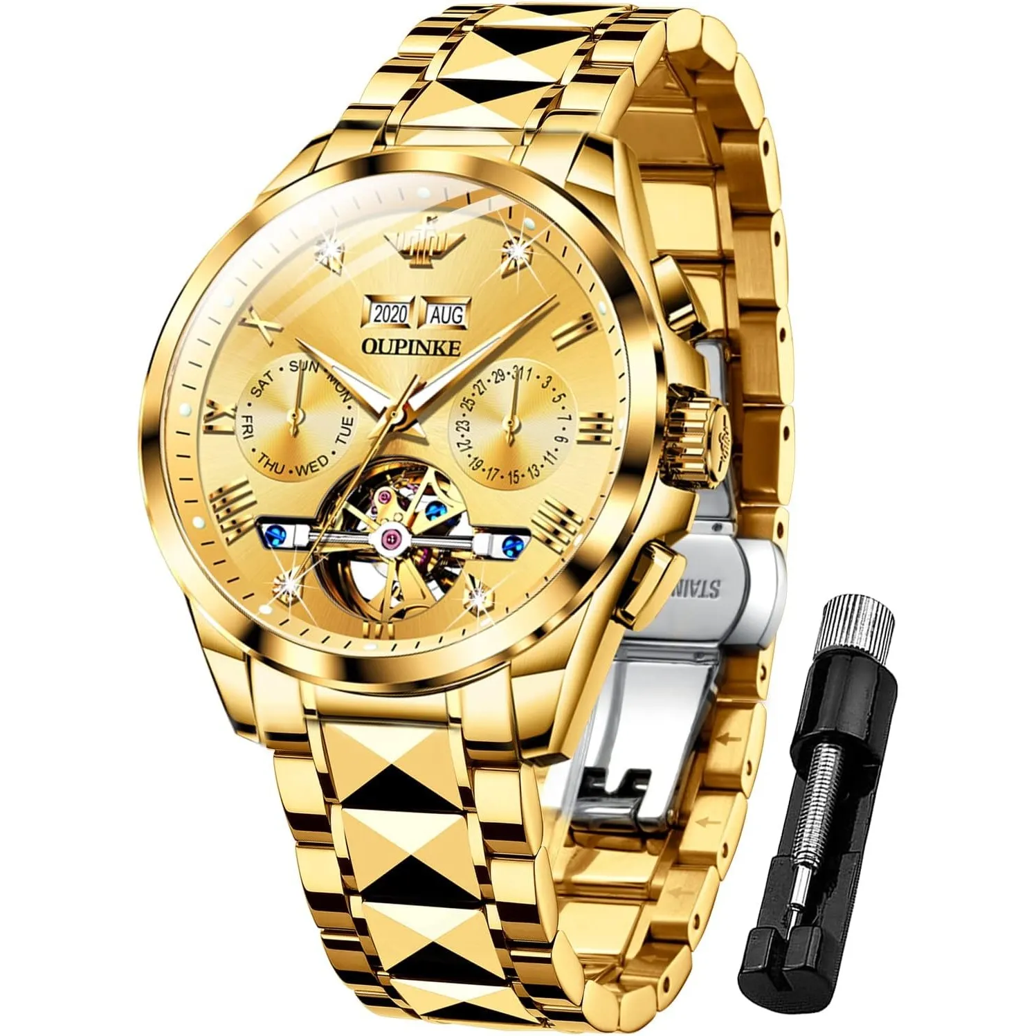 OUPINKE Herrenuhr Automatik Mechanische Armbanduhr mit Mondphase Wasserdicht Luminous Tag Datum Zweifarbige Edelstahlar…