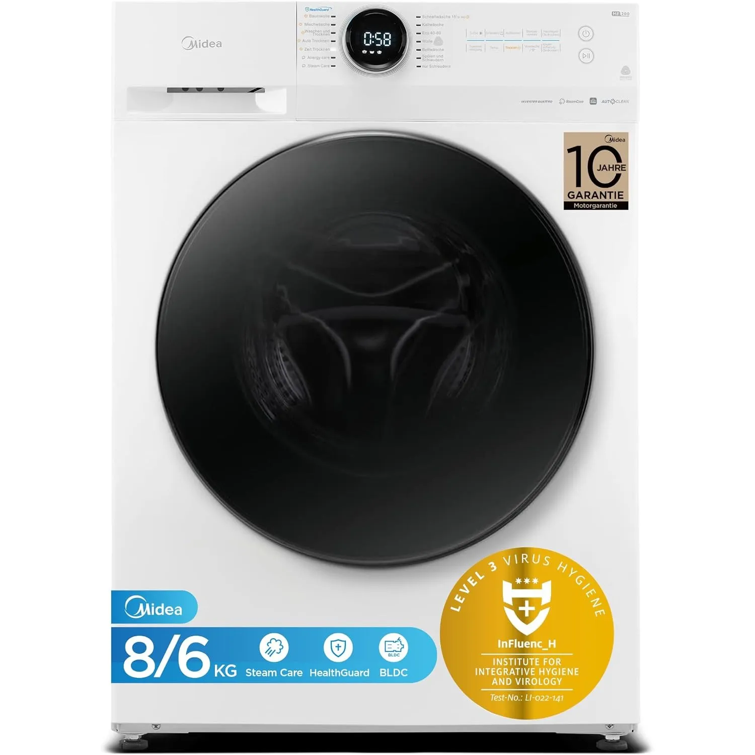 Midea MF200D86WB-14EAS Waschtrokner, 8/6kg Waschen/Trocknen, A, Inverter Mortor, Auffrischen, 60 Min. Waschen & Trockne…