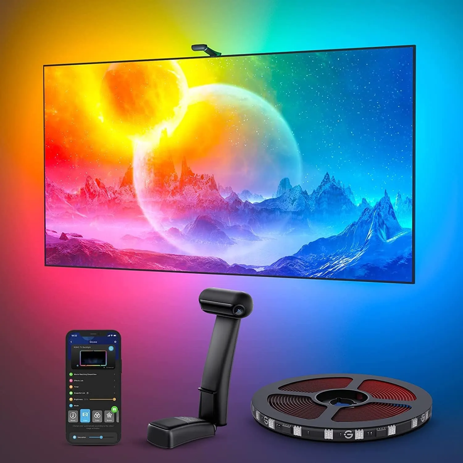 Govee Envisual TV Hintergrundbeleuchtung T2 mit Dual-Kamera für 75-85 Zoll Fernseher und PC, RGBIC WiFi LED Strip kompa…